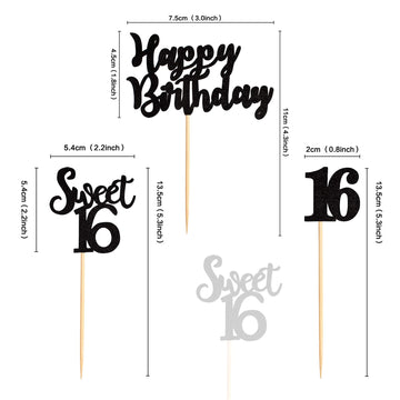 Ercadio 36 Pack Black Sweet 16 Cupcake Toppers Sixteen Happy Birthday Cake Picks Decorations For 16Th Birthday Party Supplies