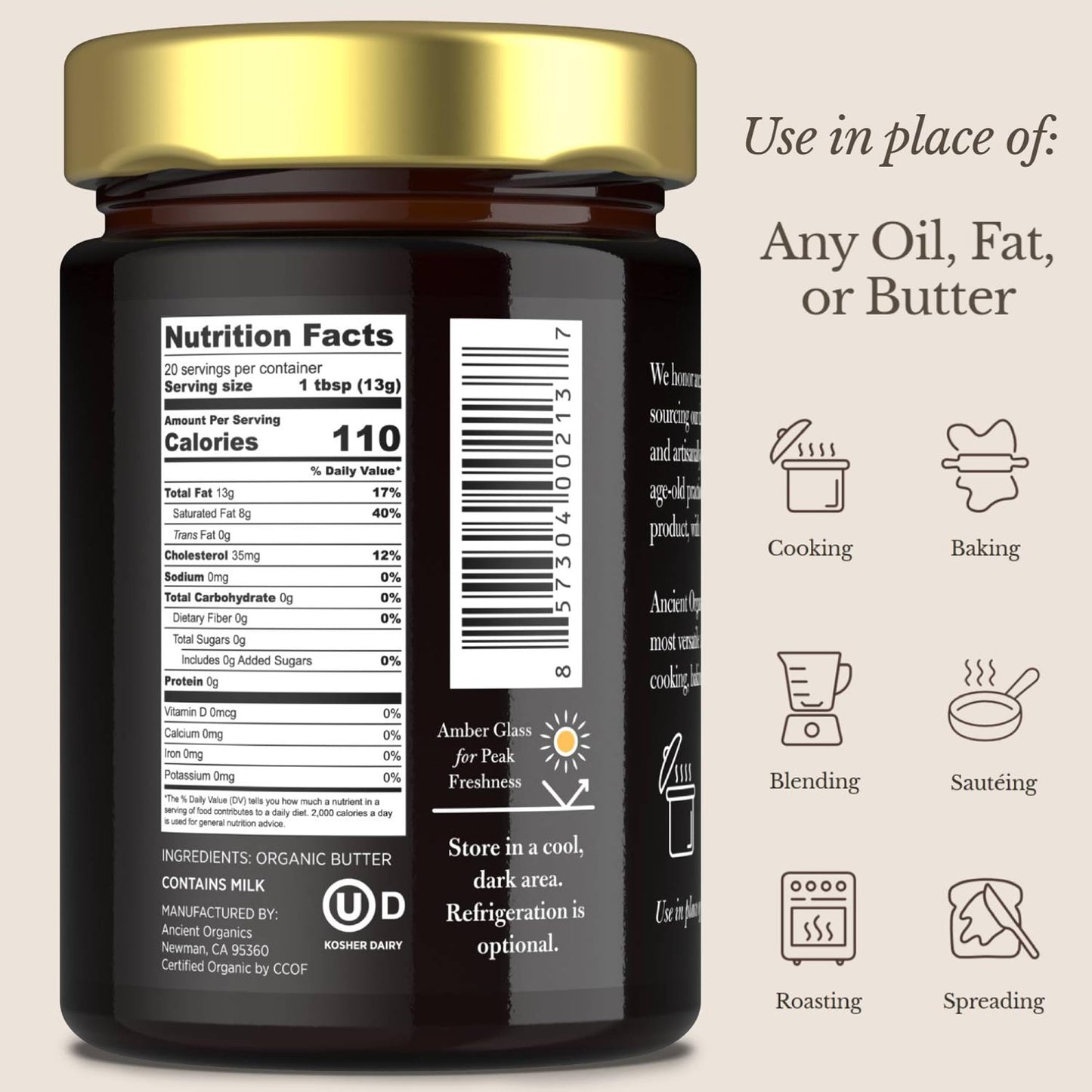Ancient Organics Ghee - Organic Grass Fed Clarified Butter, Gluten Free, Lactose Reduced, 9 Oz