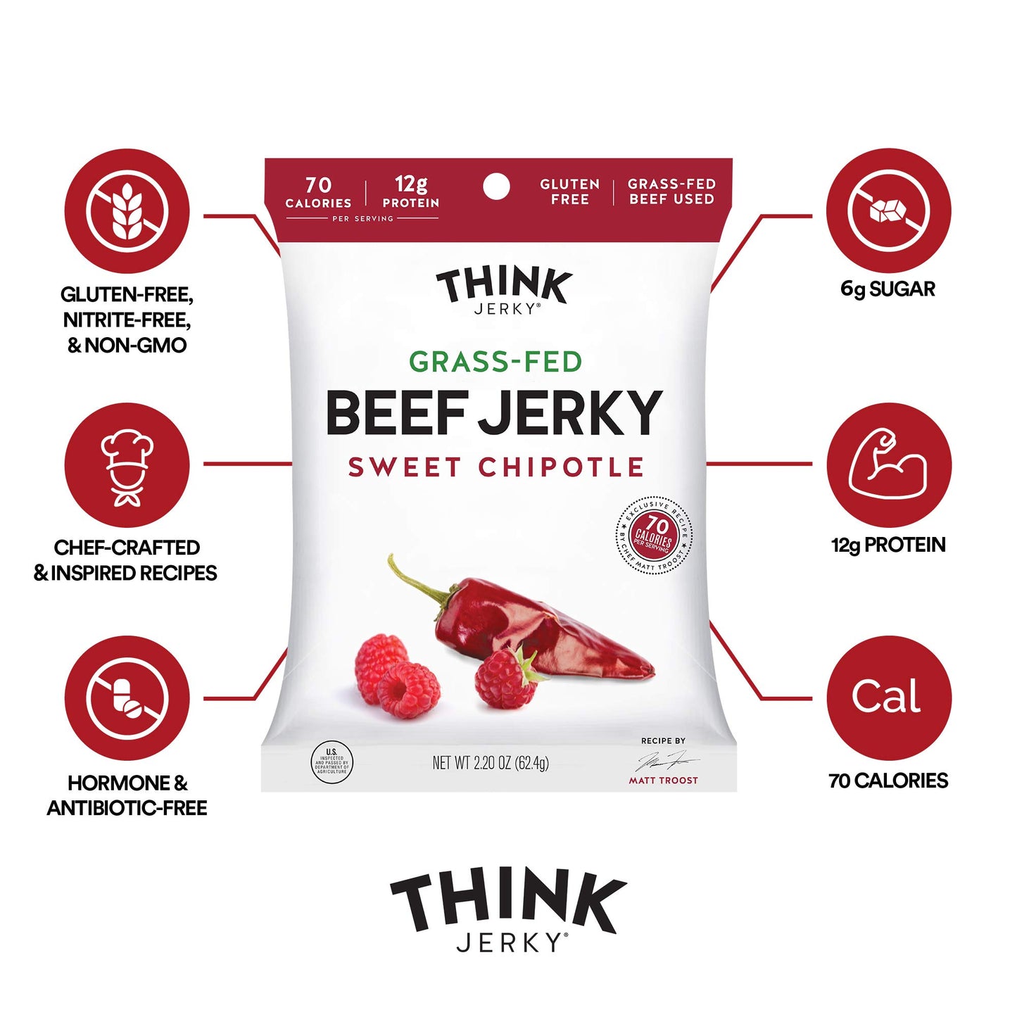 Think Jerky Sweet Chipotle Beef Jerky, Gluten Free, Grass-Fed, Low Calorie - 1 oz Bags, 12 Pack