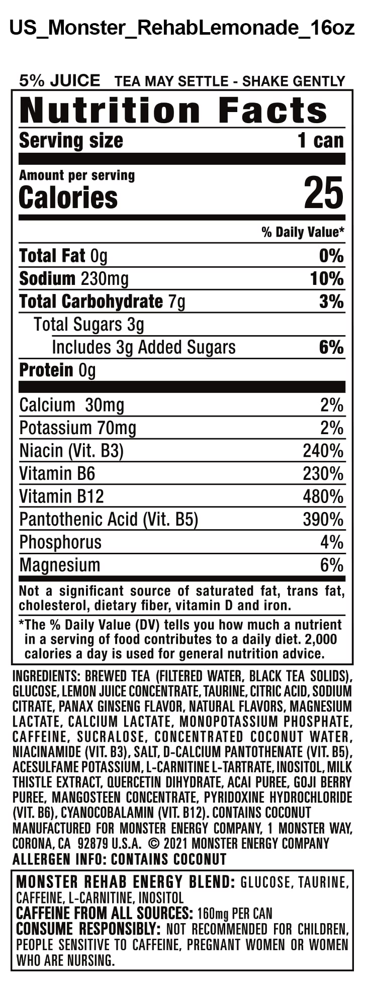 Monster Rehab Tea + Lemonade + Energy, Energy Iced Tea, 15.5 Fl Oz (Pack of 24)