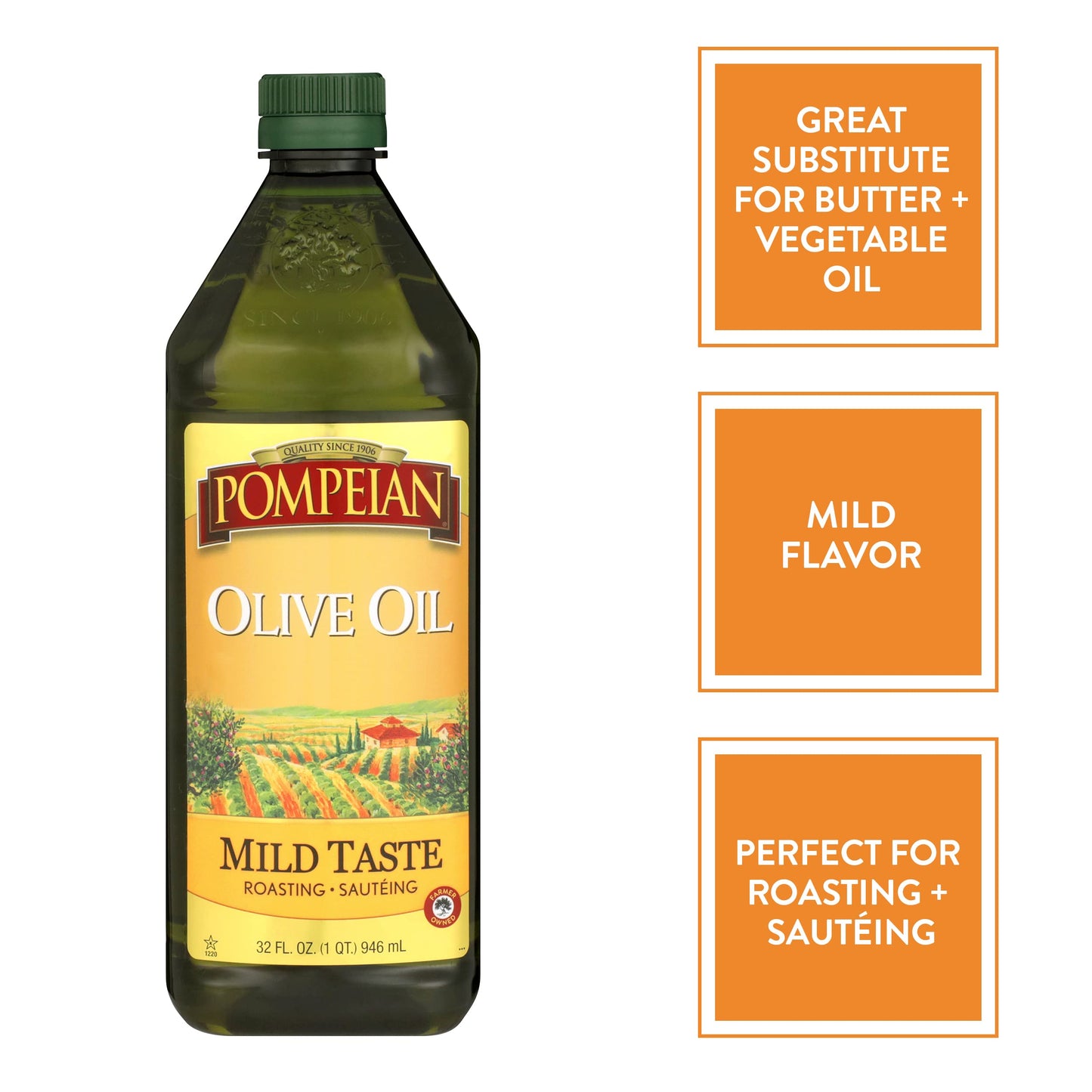 Pompeian Mild Taste Olive Oil, Perfect For Roasting & Sauteing, Naturally Gluten Free, Non-Allergenic, Non-Gmo, 32 Fl. Oz.
