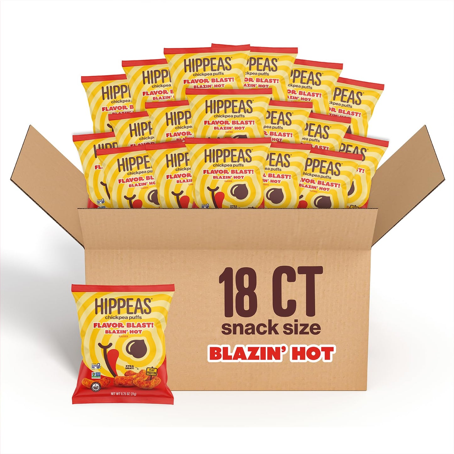 Hippeas Chickpea Puffs, Flavor Blast: Blazin  Hot, 0.75 Ounce (Pack of 18), 3g Protein, 2g Fiber, Vegan, Gluten-Free, Crunchy, 