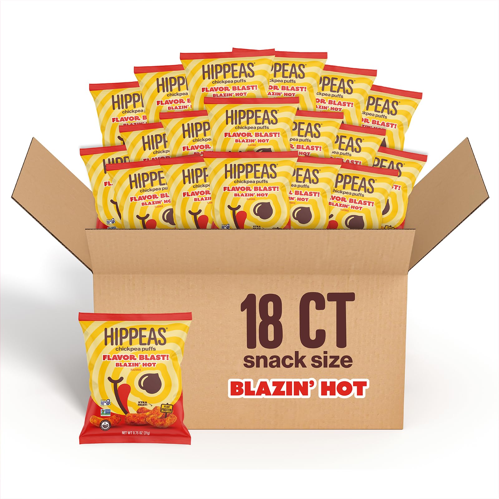 Hippeas Chickpea Puffs, Flavor Blast: Blazin  Hot, 0.75 Ounce (Pack of 18), 3g Protein, 2g Fiber, Vegan, Gluten-Free, Crunchy, 