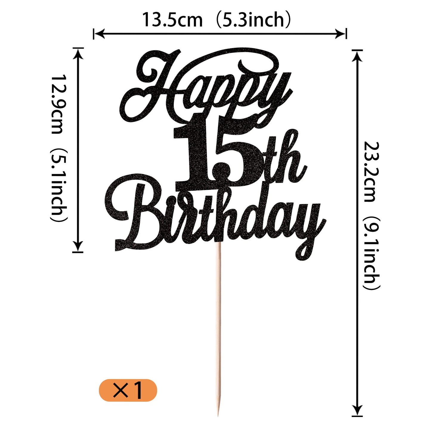 Rssta i Happy 15th Birthday Cake Topper Black Glitter - 15 & Fabulous Party Decoration