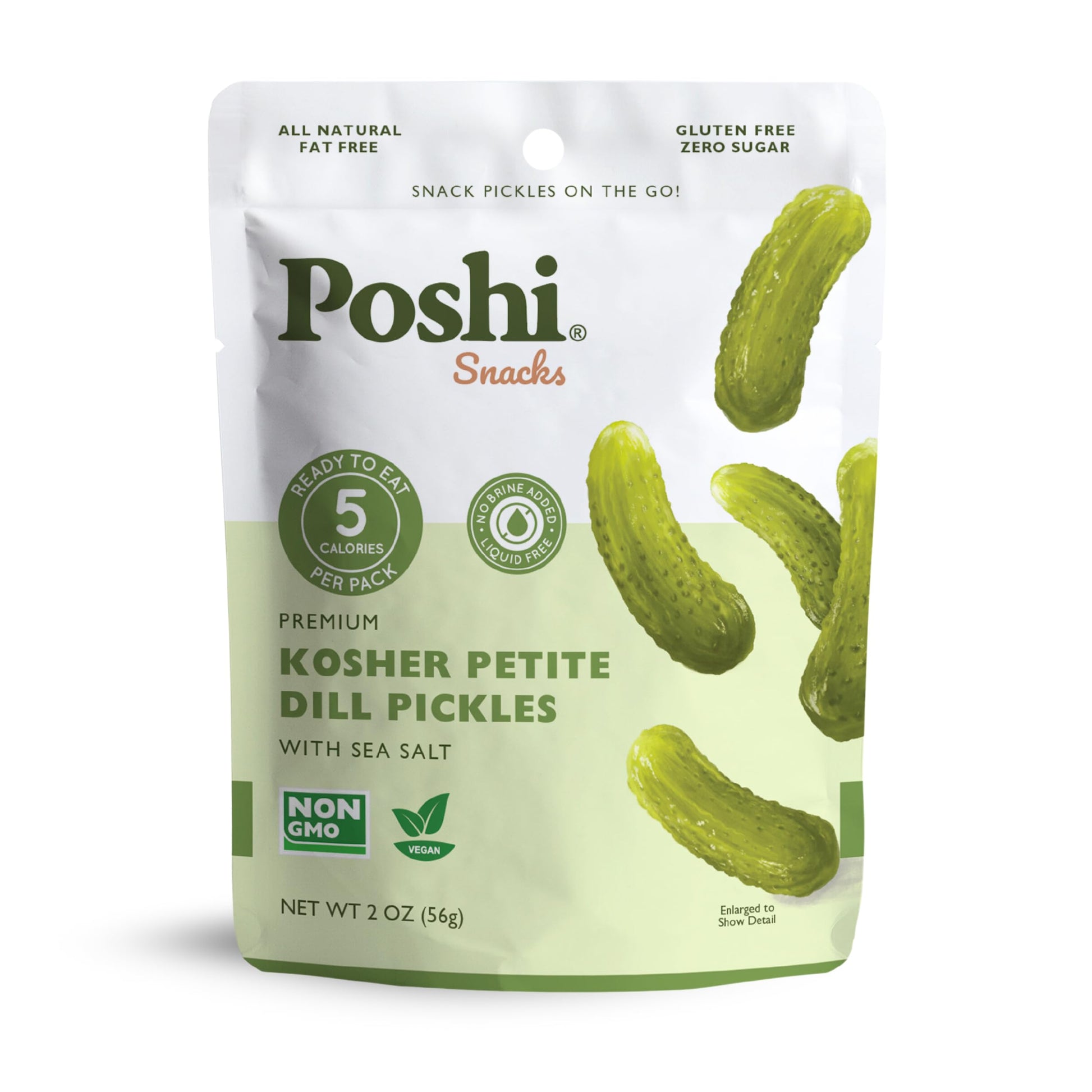 Poshi Petite Kosher Dill Pickles with Sea Salt - Ready-to-Eat Premium Mini Whole Pickles for Snacking, 5 Calories Per Pack, 10 P