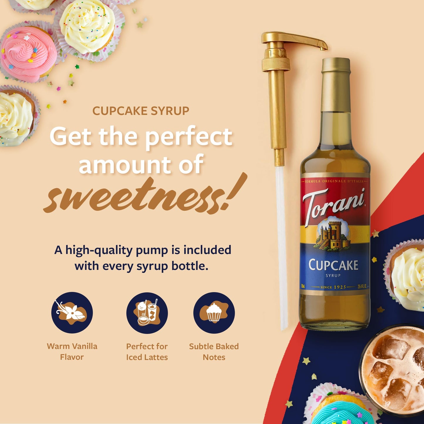 Torani Coffee Syrup, Cupcake Flavoring For Drinks, Glass Bottle With Pump Included, 25.4 Fl Oz