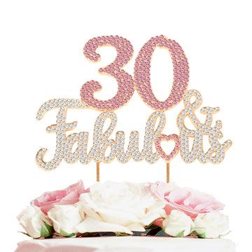 Laskyer 30 & Fabulous Gold & Pink Rhinestone Cake Topper - Happy 30Th Birthday Cheers To Thirty Years Old Bday Party Metal Spark