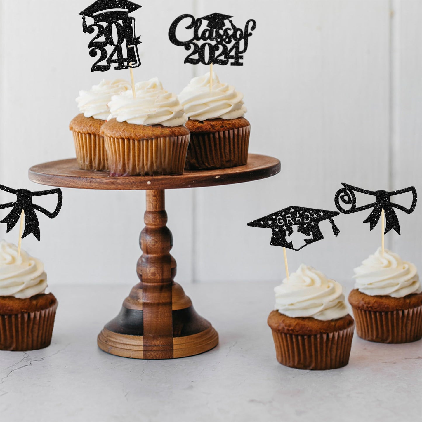 Gyufise 24Pcs Black Glitter 2024 Graduation Theme Cupcake Toppers Glitter Class Of 2024 Diploma Grad Cap Cupcake Picks For 2024