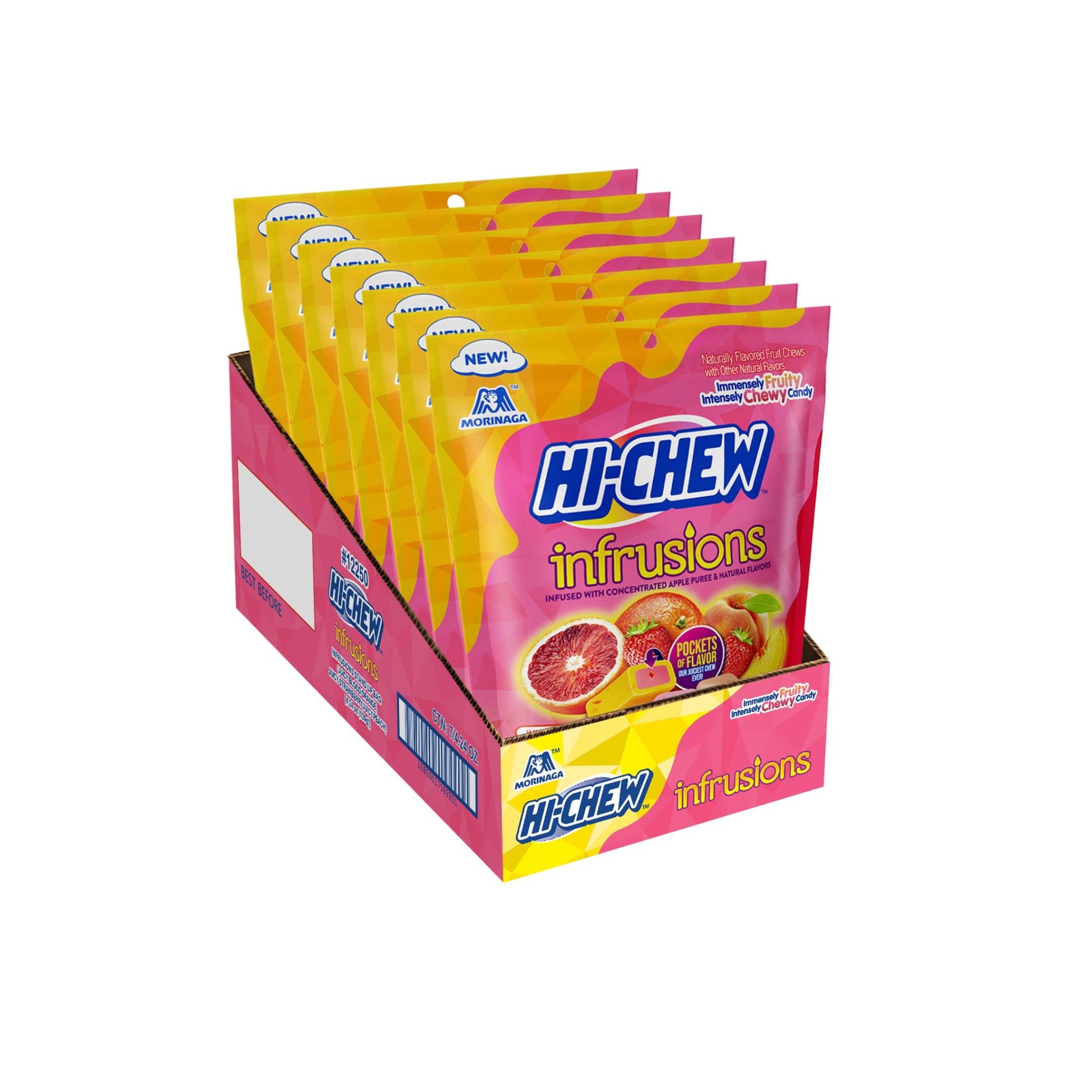 Hi-Chew Infrusions, 7 Mini Stand Up Pouches, 4.24Oz Each | Juicy Blood Orange Stawberry Peach | Unique Fun Soft & Chewy Taffy Candy | Immensely Juicy Fruit Flavors | Individually Wrapped For Sharing