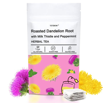 Tztzbom Natural Roasted Dandelion Root With Milk Thistle And Peppermint, Herbal Tea For Liver Cleansing, 20 Tea Bags