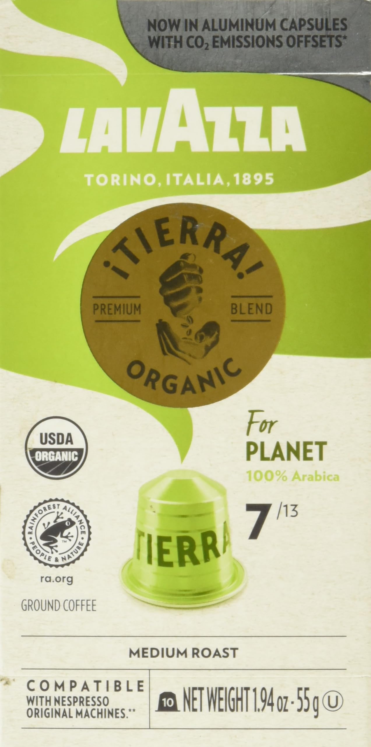 Lavazza TIERRA PLANET USDA Organic Espresso Capsules, 10 Count, Medium Roast, 100% Arabica, Compatible with Nespresso Original Machines