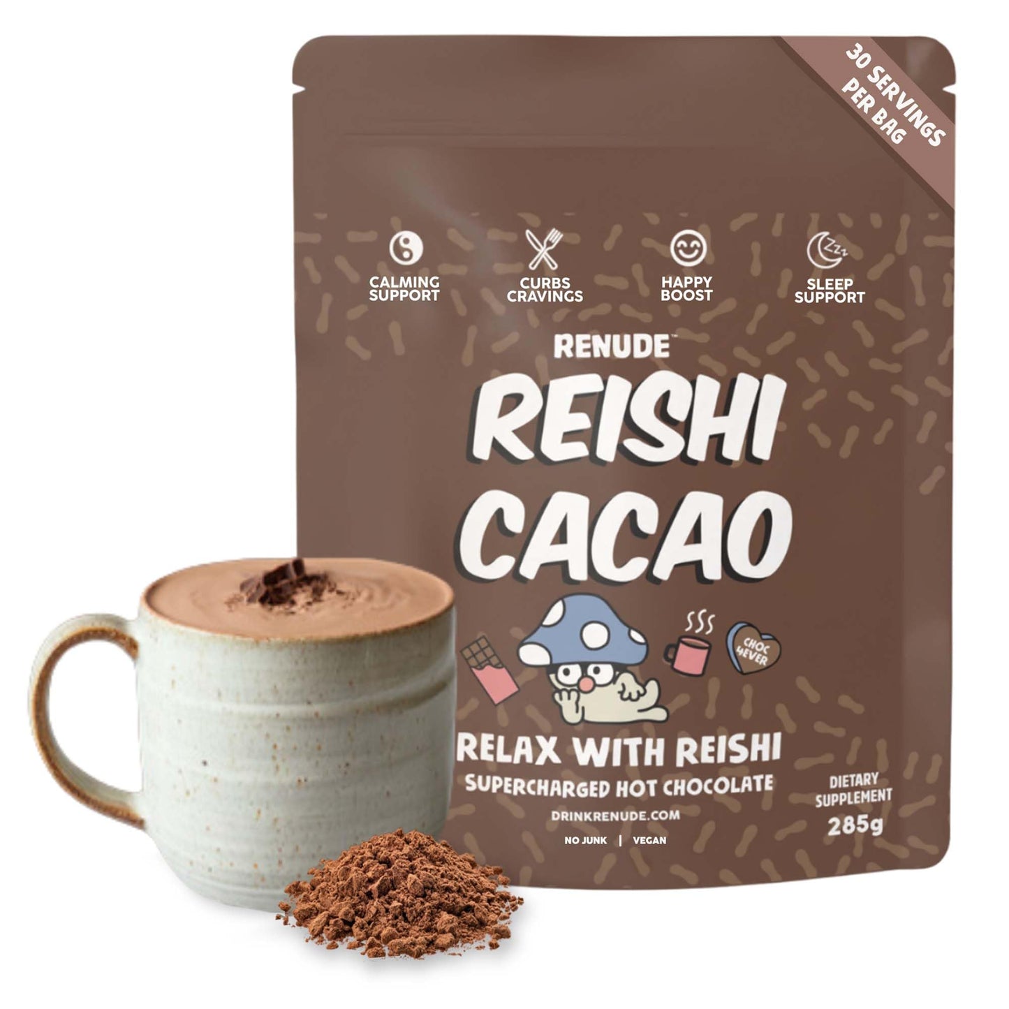 Renude Reishi Cacao - Mushroom Hot Chocolate, Mushroom Coffee Alternative, Mushroom Drink, Cacao Powder, Hot Cacao Mix with Reis