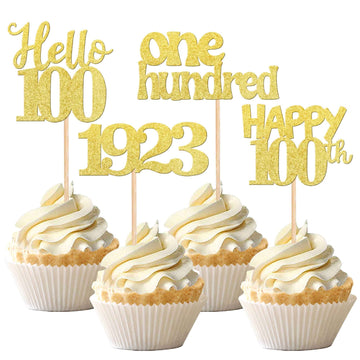 24 Pcs Happy 100Th Birthday Cupcake Toppers Glitter Hello 100 Cupcake Picks One Hundred Since 1923 Cupcake Decorations For 100Th