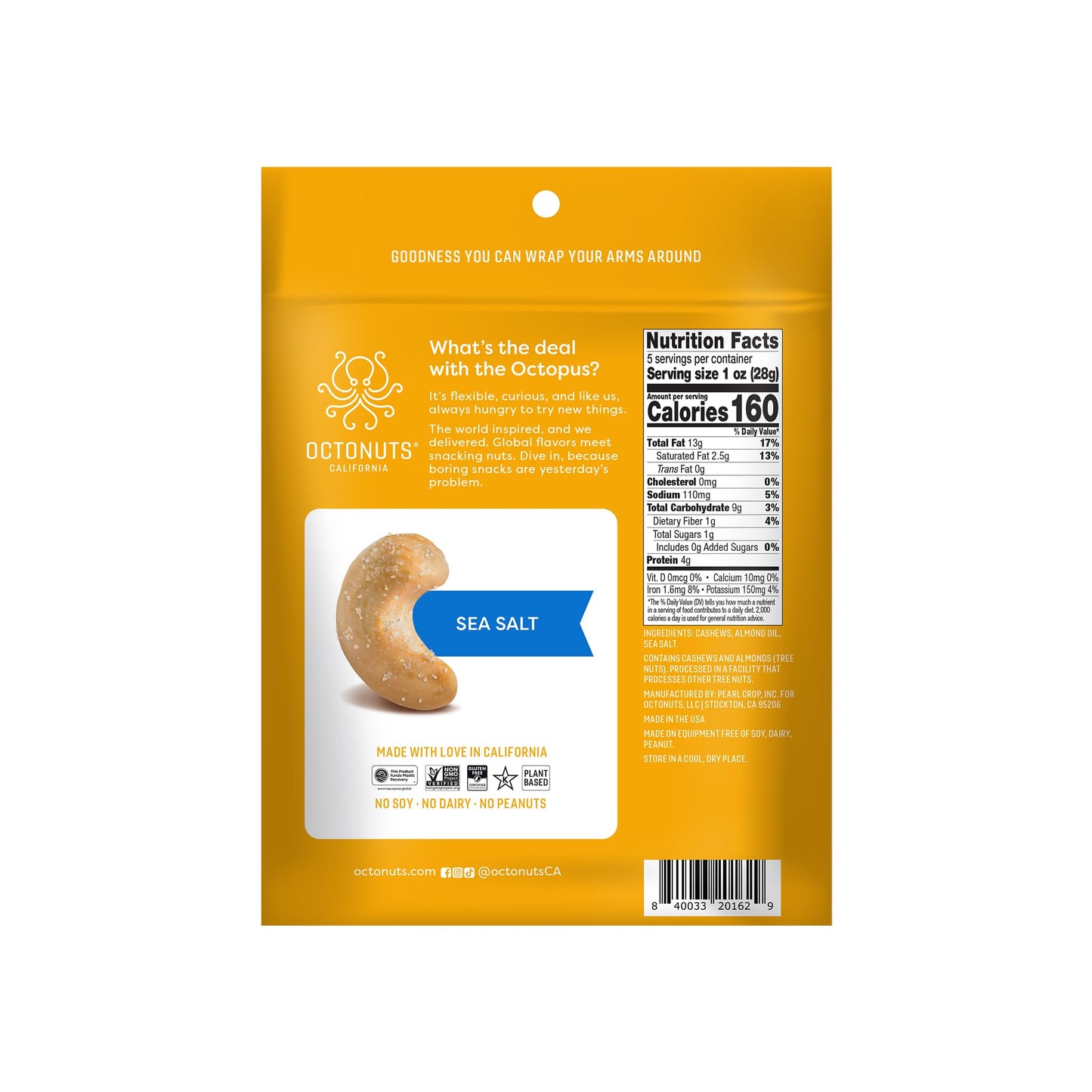 Octonuts Dry Roasted Cashews with Sea Salt - 5oz - Simple Plant-Based Protein Snack - Healthy Snacks for Adults & Kids - Only 3