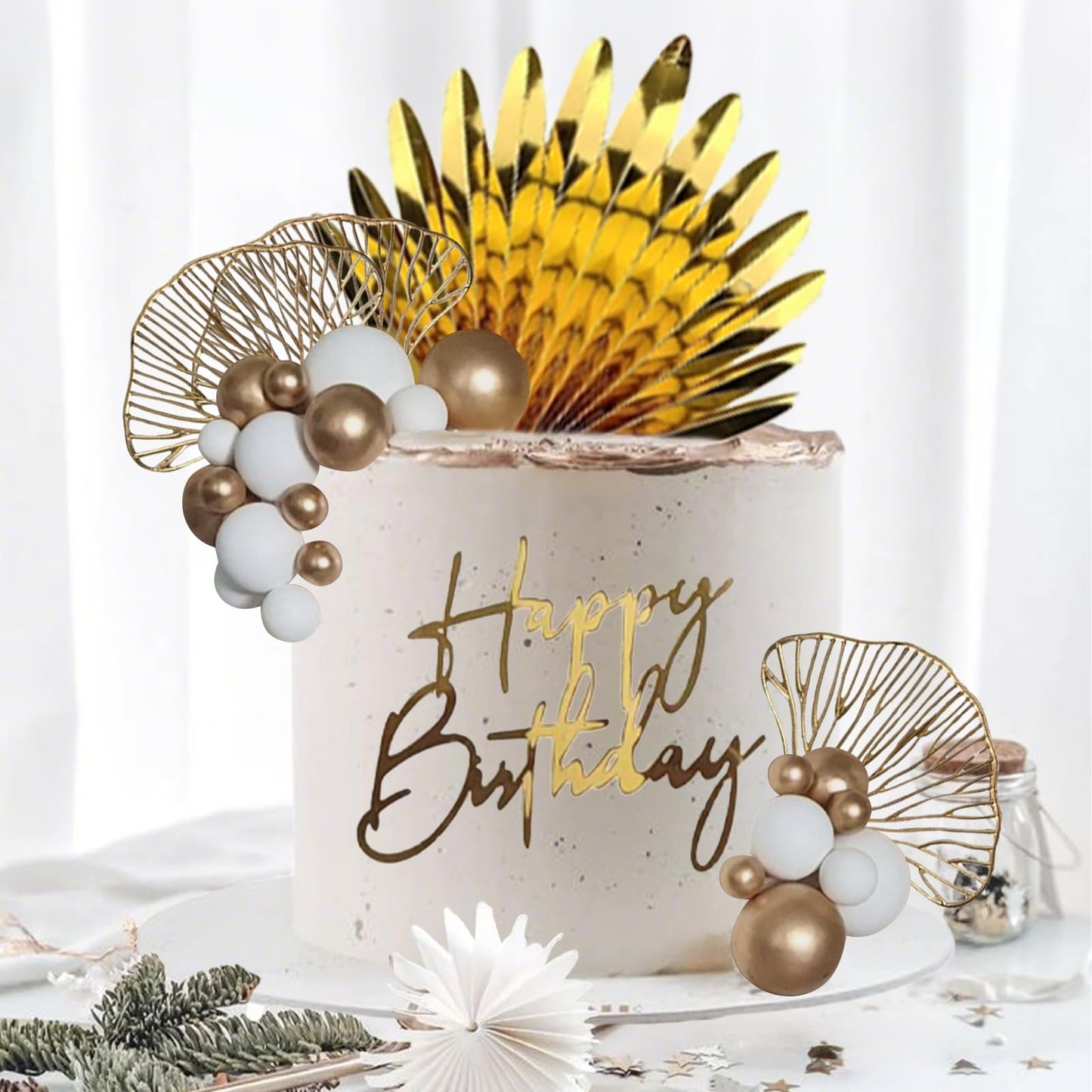 Gold Cake Toppers White Gold Cake Decorations For Women Men Birthday Boho Wedding Gold Cake Decor Birthday Cake Decoration (Whit