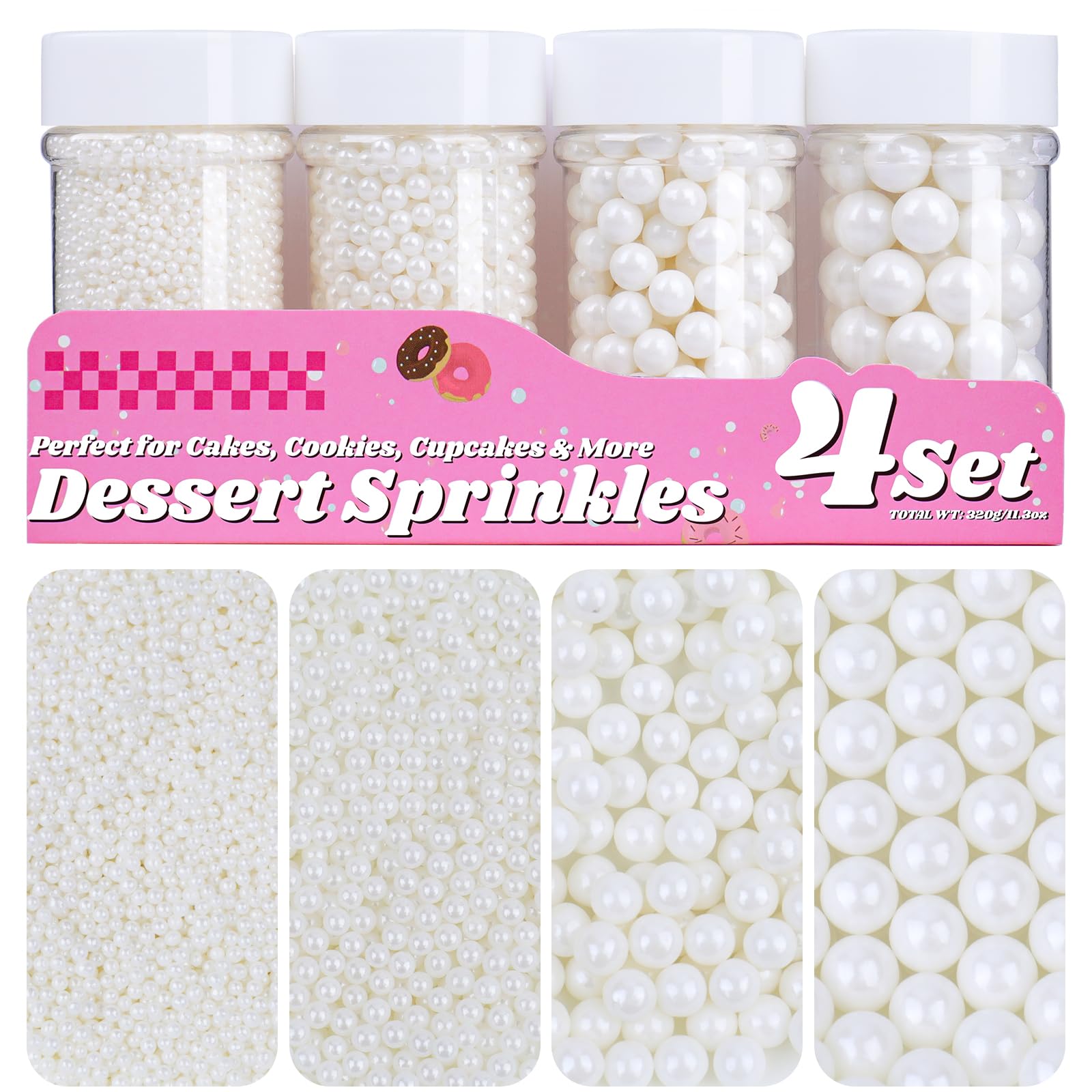 White Pearl Sprinkles for Cake Decorating, 11.3 Oz Edible Pearls Sugar Large Capacity 4 Jars Set for Baking Cookie Ice Cream Cup