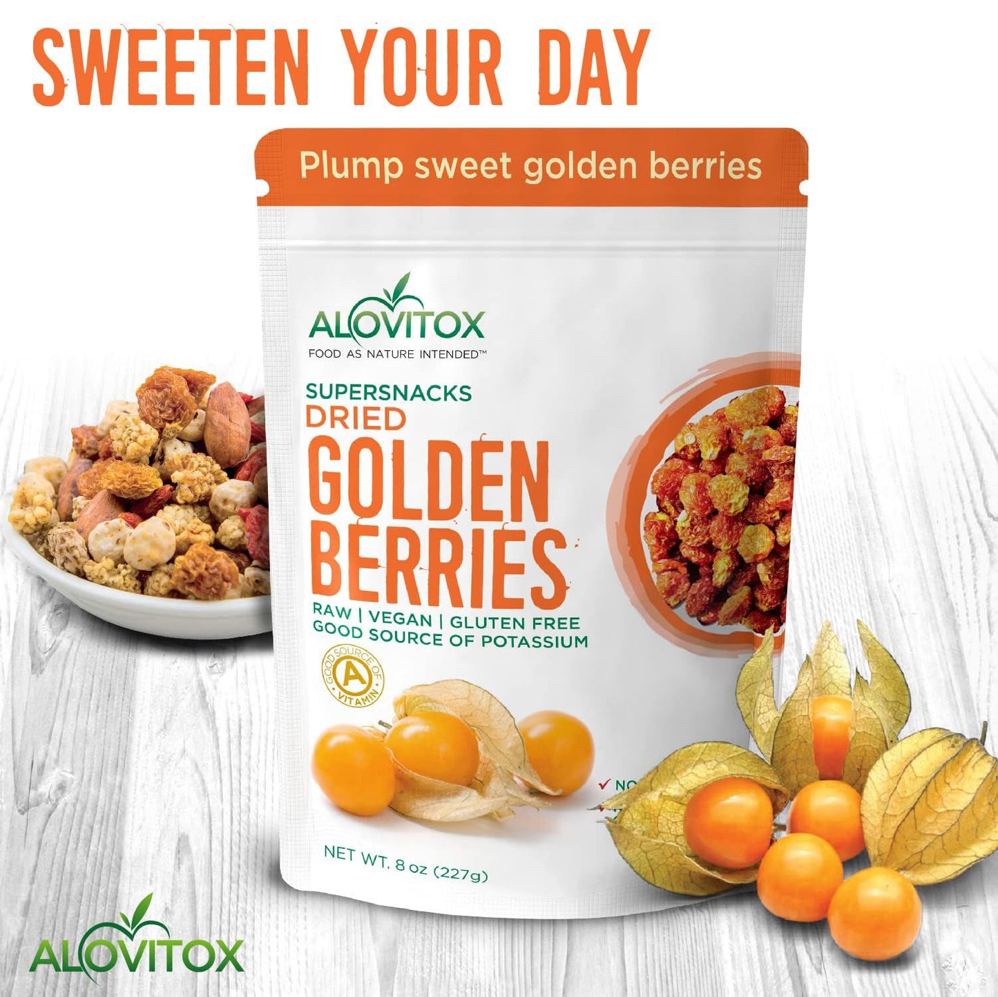 Alovitox Sun Dried Golden Berries | Raw, Fresh & Organic | 1 oz Contains 2g Protein & 5g Fiber, Low-Calorie & Glycemic Index | W