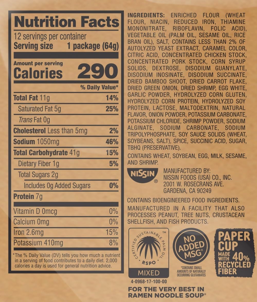 Kikkoman Nissin Cup Noodles Soup, Shrimp Flavor, Instant Ramen, 2.25 Ounce (Pack of 12)