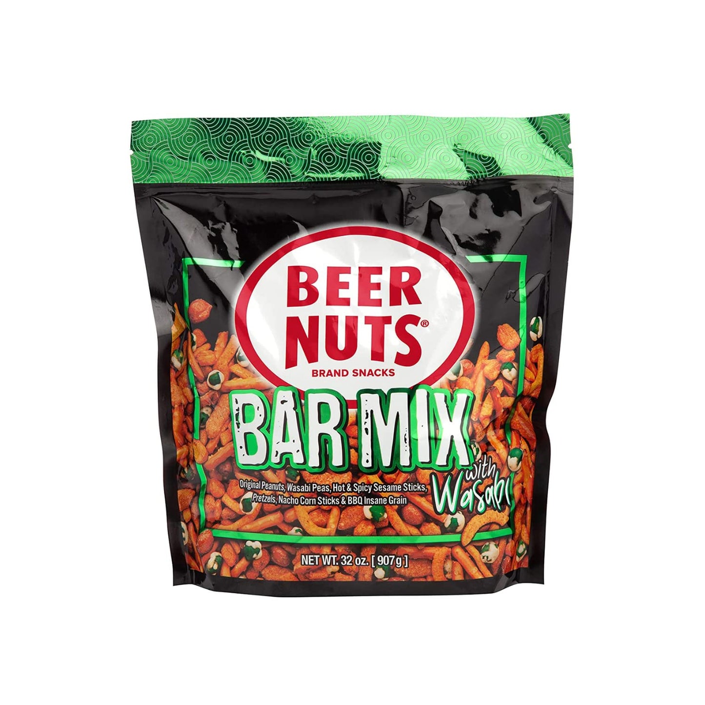BEER NUTS Bar Mix with Wasabi - Pretzels, Cheese Stix, Sesame Stix & Wasabi Peas - 32oz Resealable Bag