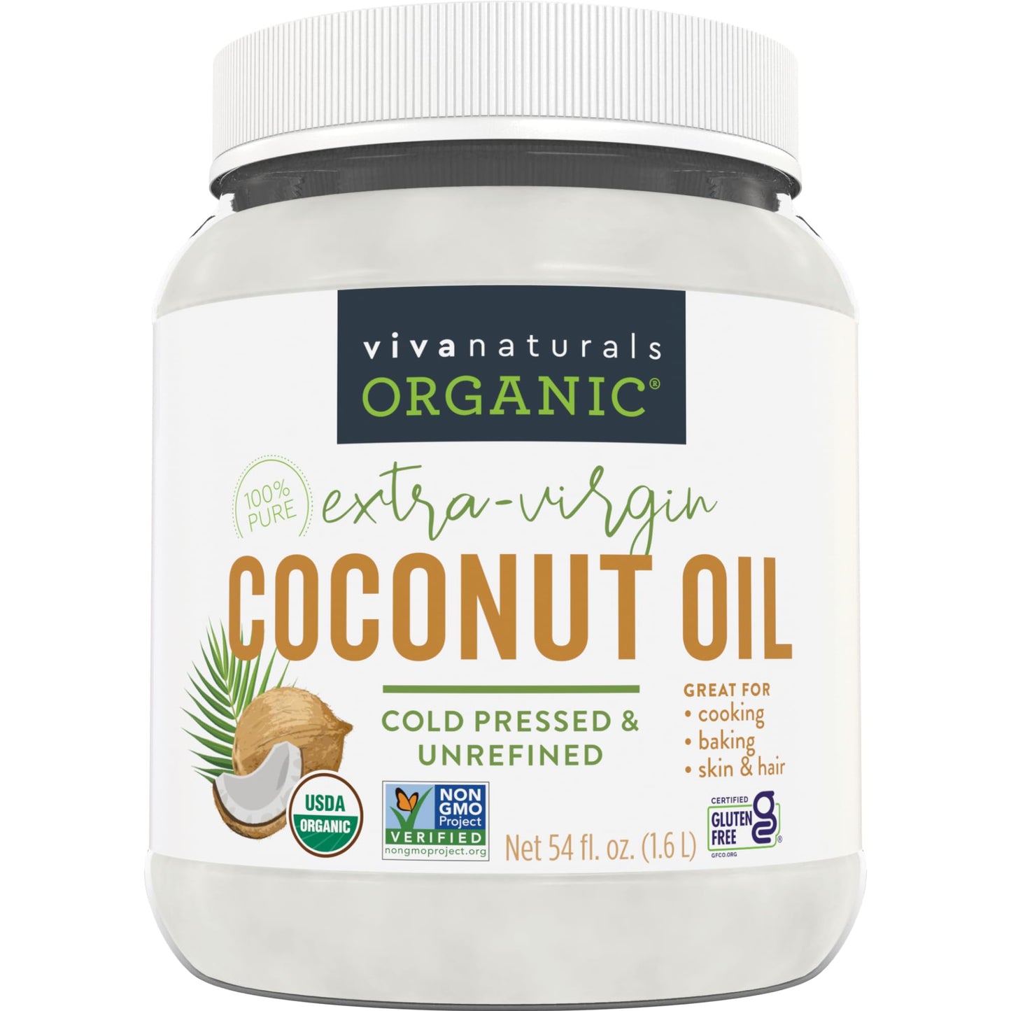 Viva Naturals Organic Coconut Oil - Unrefined Cold-Pressed Extra Virgin - 54 Fl Oz - USDA Organic & Non-GMO