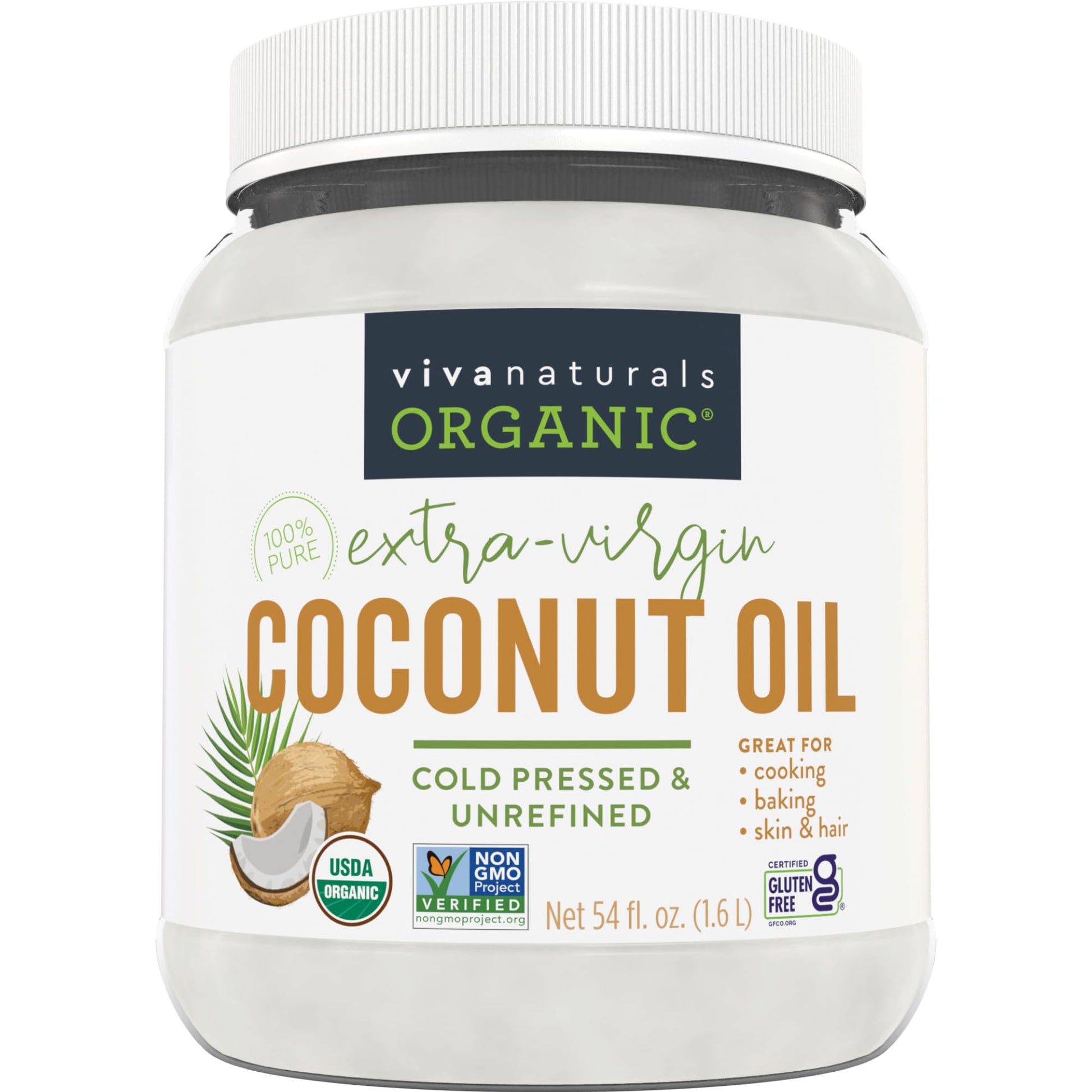 Viva Naturals Organic Coconut Oil - Unrefined Cold-Pressed Extra Virgin - 54 Fl Oz - USDA Organic & Non-GMO