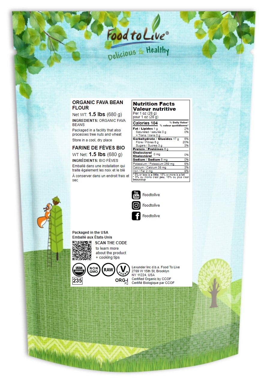 Food to Live Organic Fava Bean Flour, 1.5 Pounds - Non-GMO, Finely Ground, Pure, Raw, Vegan, Bulk. Good Source of Protein & Fibe