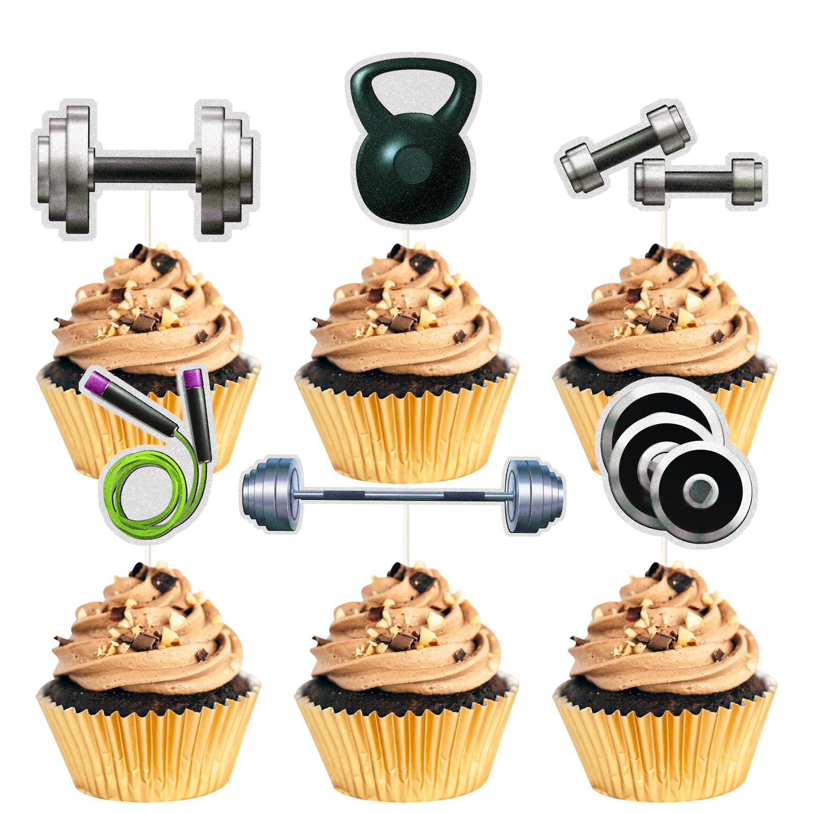 Mefeng Gym Theme Cupcake Toppers, Weight Lifting Cupcake Toppers For Cross Fit Party, Muscle Party And Fitness Themed Birthday P