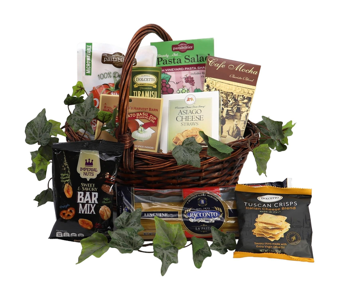 Gift Basket Village - Italian Themed Dinner For Two, Gourmet Pasta Assortment With Linquini, Dip Mix, Pasta Sauce, Pasta & Cheese Blend - Italian Food Basket, 12X8X12", 4.44 Lbs