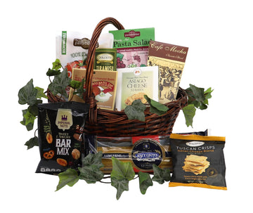 Gift Basket Village - Italian Themed Dinner For Two, Gourmet Pasta Assortment With Linquini, Dip Mix, Pasta Sauce, Pasta & Cheese Blend - Italian Food Basket, 12X8X12", 4.44 Lbs