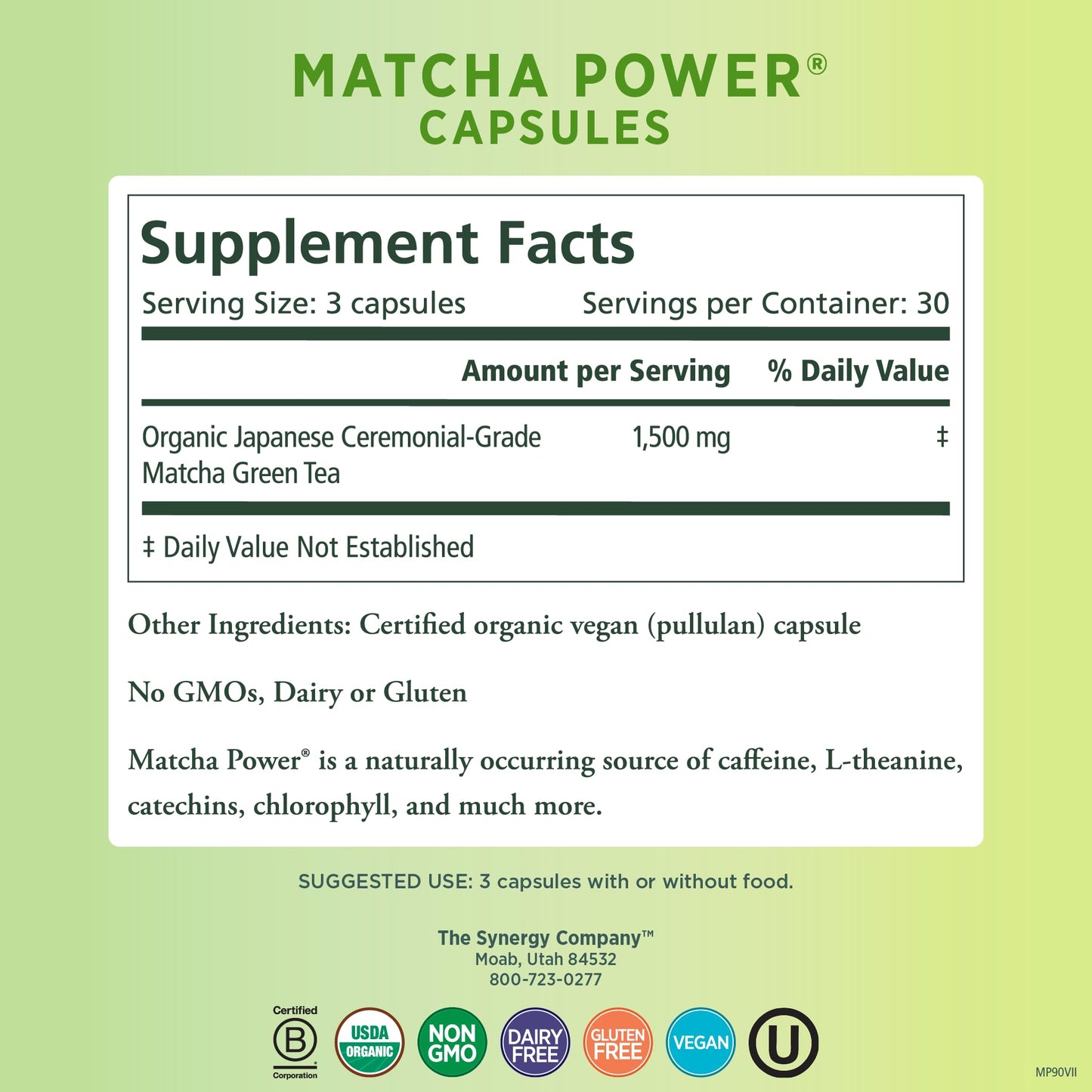 PURE SYNERGY Matcha Power compact pieces | Organic Ceremonial Grade | 90 Count | Model SYC128