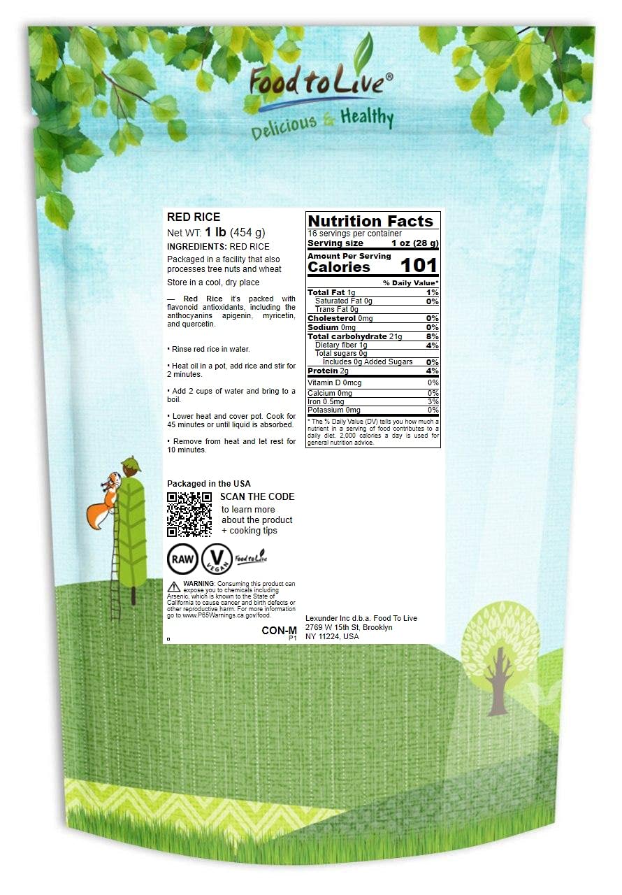 Food To Live Red Rice, 1 Pound – Whole Rice, Nutty Flavor, Soft Texture, Non-Sticky, Vegan. Good Source Of Protein And Antioxidants. Perfect For Pilafs, Salads, Stir-Fries And Rice Bowls