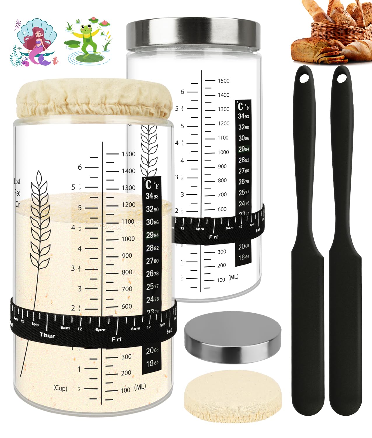 Keafont Sourdough Starter Jar Kit, 50oz Large Capacity, Wide Mouth, 2 Pack, Black, Model WN-WYYY-CIT8