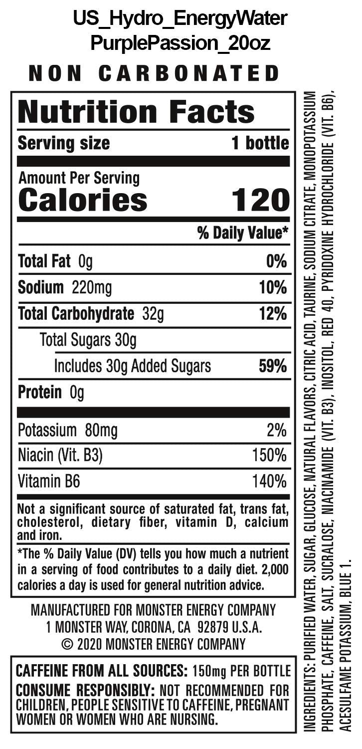 Monster Energy Hydro Energy Water, Purple Passion, 20 Fl Oz (Pack Of 12)