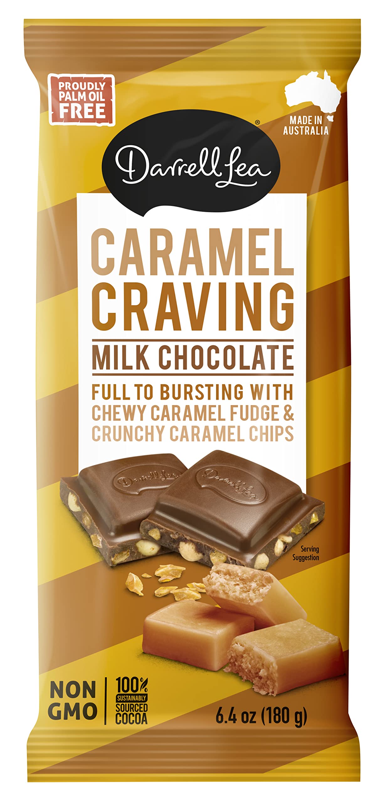 Darrell Lea Caramel Craving Chocolate Bar, Premium 6.4 Ounce Chocolate Bar Filled With Caramel Fudge & Caramel Chips | 100% Sust