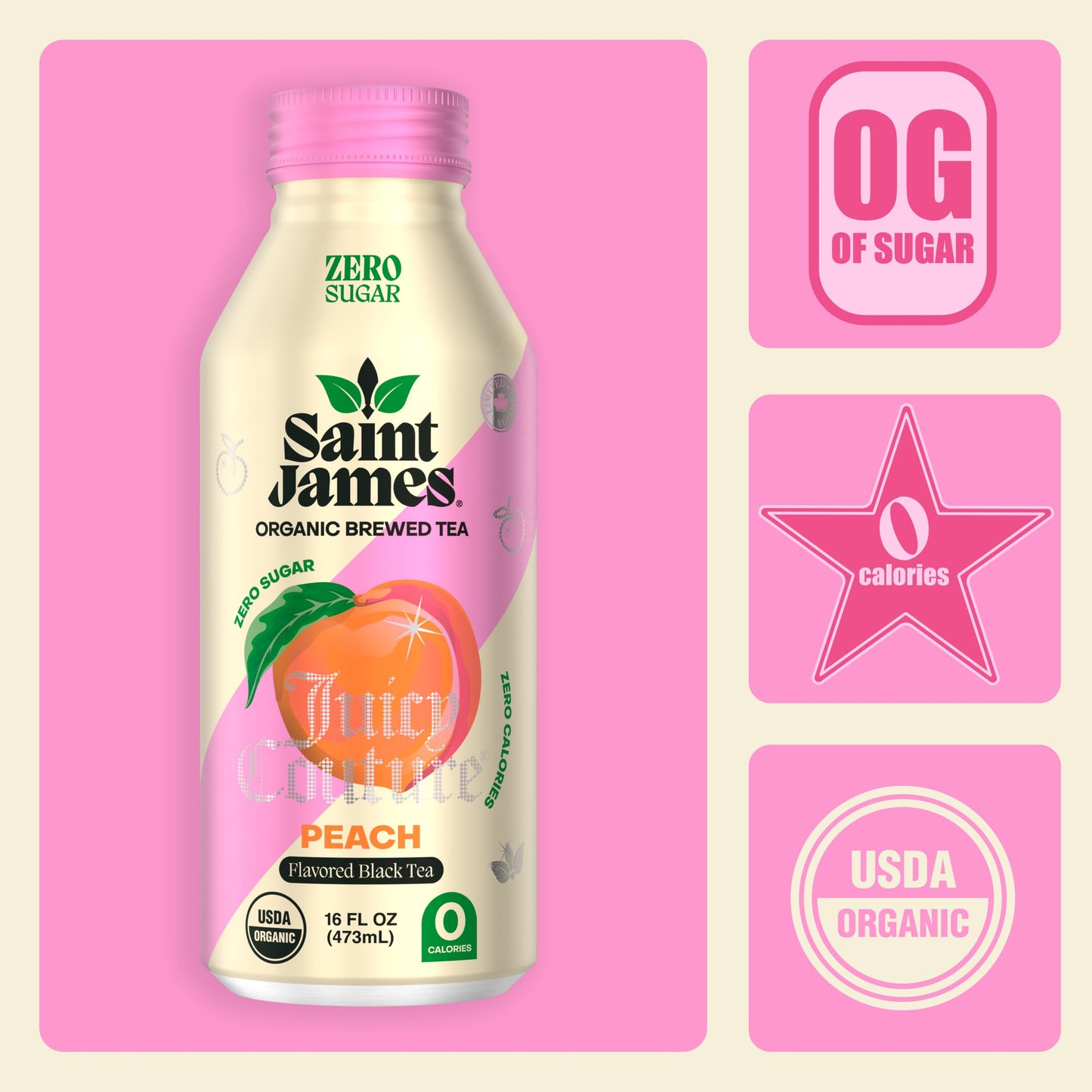Saint James Iced Tea x Juicy Couture Limited Edition - Organic Black Tea - Non-GMO  Gluten Free  Zero Calorie  Zero Sugar - Juicy Peach  12 Pack (16 fl oz each)