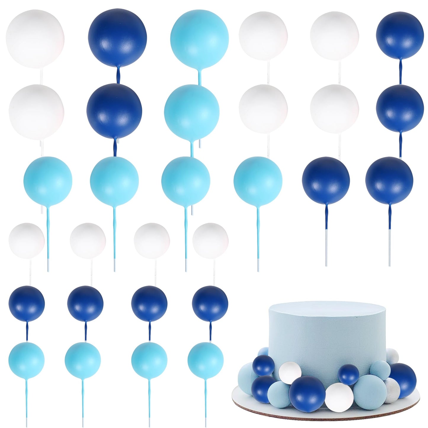 Rsstarxi Cake Toppers - 30 PCS Foam Ball Mini Balloon Decorations - Blue White - Ideal for Baby Shower, Birthday, Wedding, Anniversary Parties