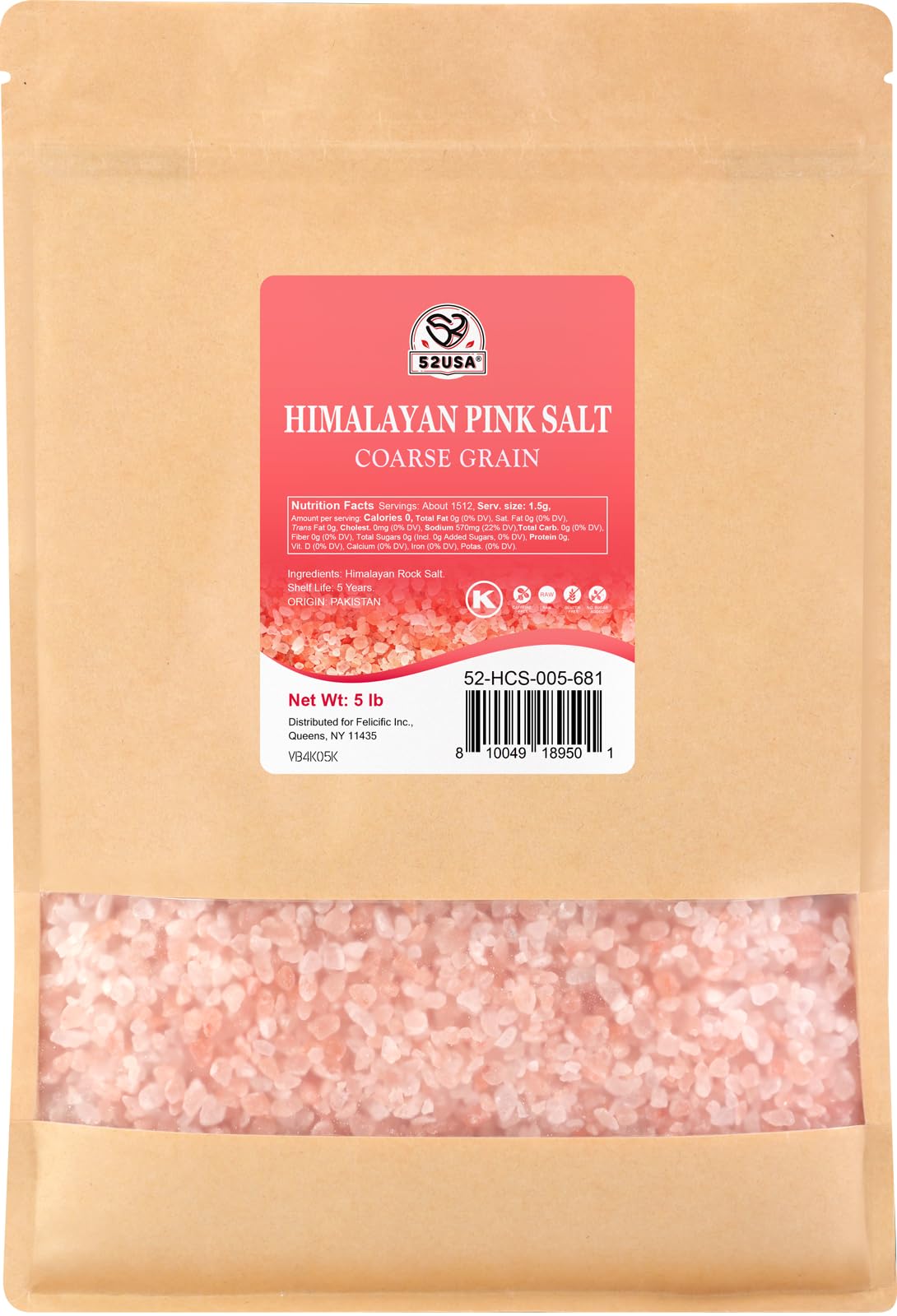 52USA Himalayan Pink Salt  Coarse Grain  80 oz (5 Pound)  Pink Himalayan Sea Salt  Sea Salt for Grinder Refill  Kosher Salt