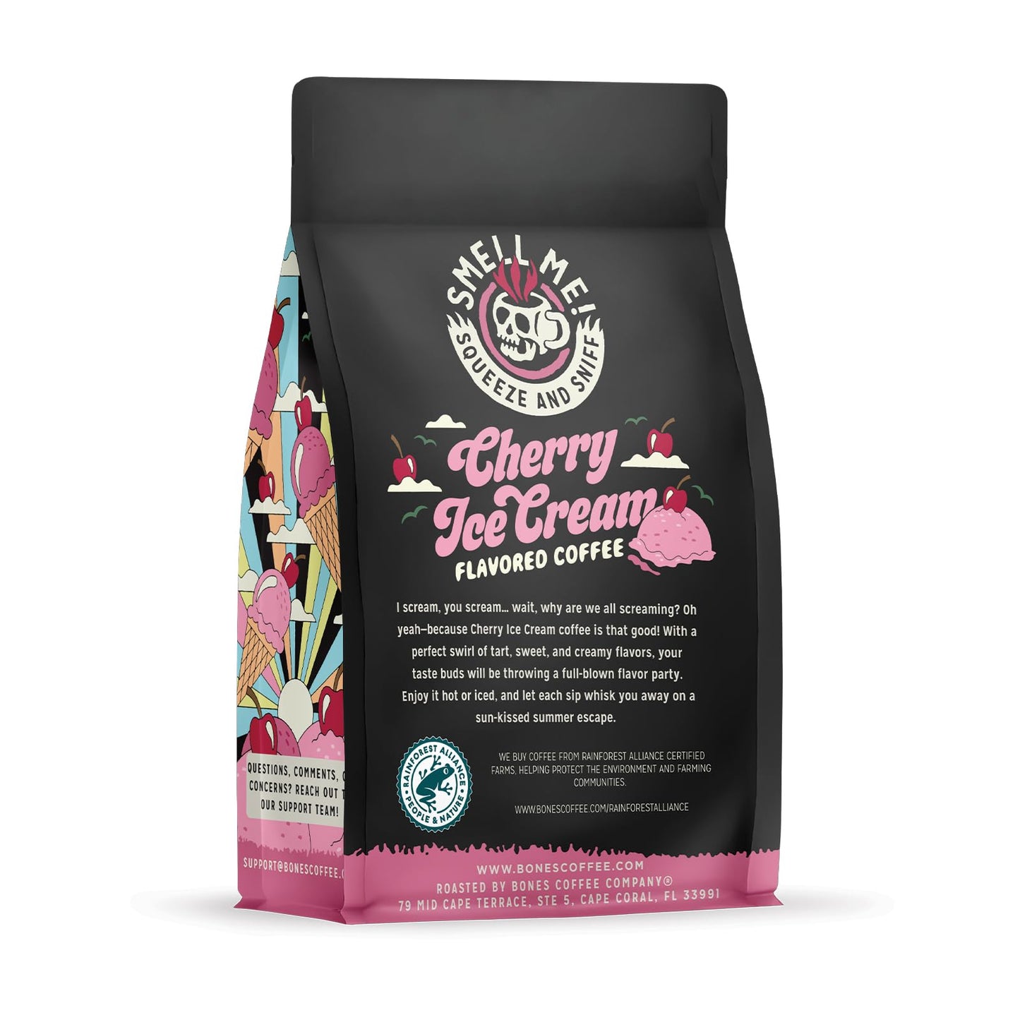 Bones Coffee Company Cherry Ice Cream Flavored Coffee Beans, Medium Roast Whole Bean Coffee Low Acid, Cherry Ice Cream Flavor (1