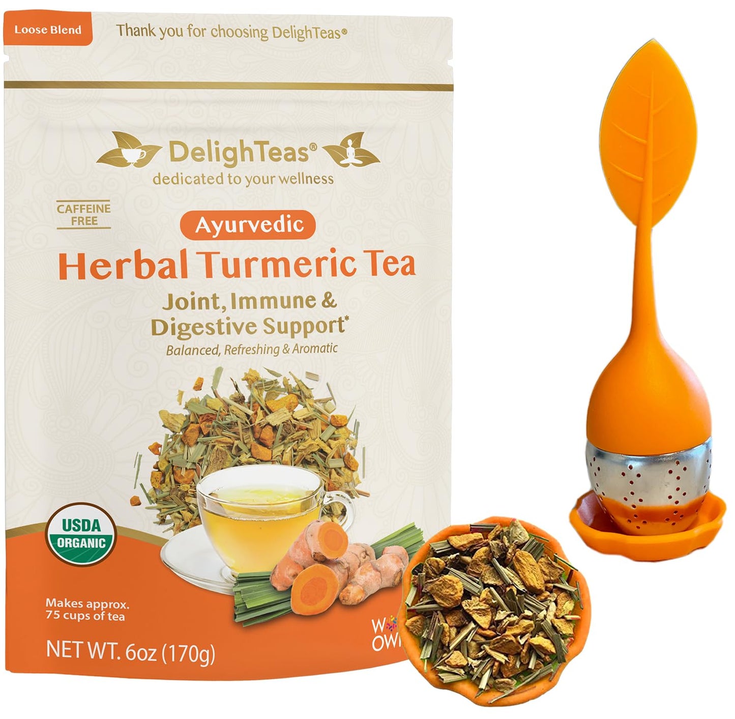 DelighTeas Organic Turmeric Ginger Tea - Loose Leaf Herbal Blend, 6oz, Non-GMO, Caffeine Free, 75 Servings, with BPA-Free Infuser
