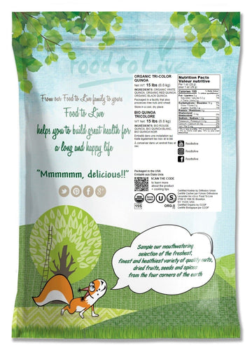 Food To Live Organic Tri-Color Quinoa, 15 Pounds - Non-Gmo, Blend Of White, Black, Red Quinoa, Whole Grain, Non-Irradiated, Kosh