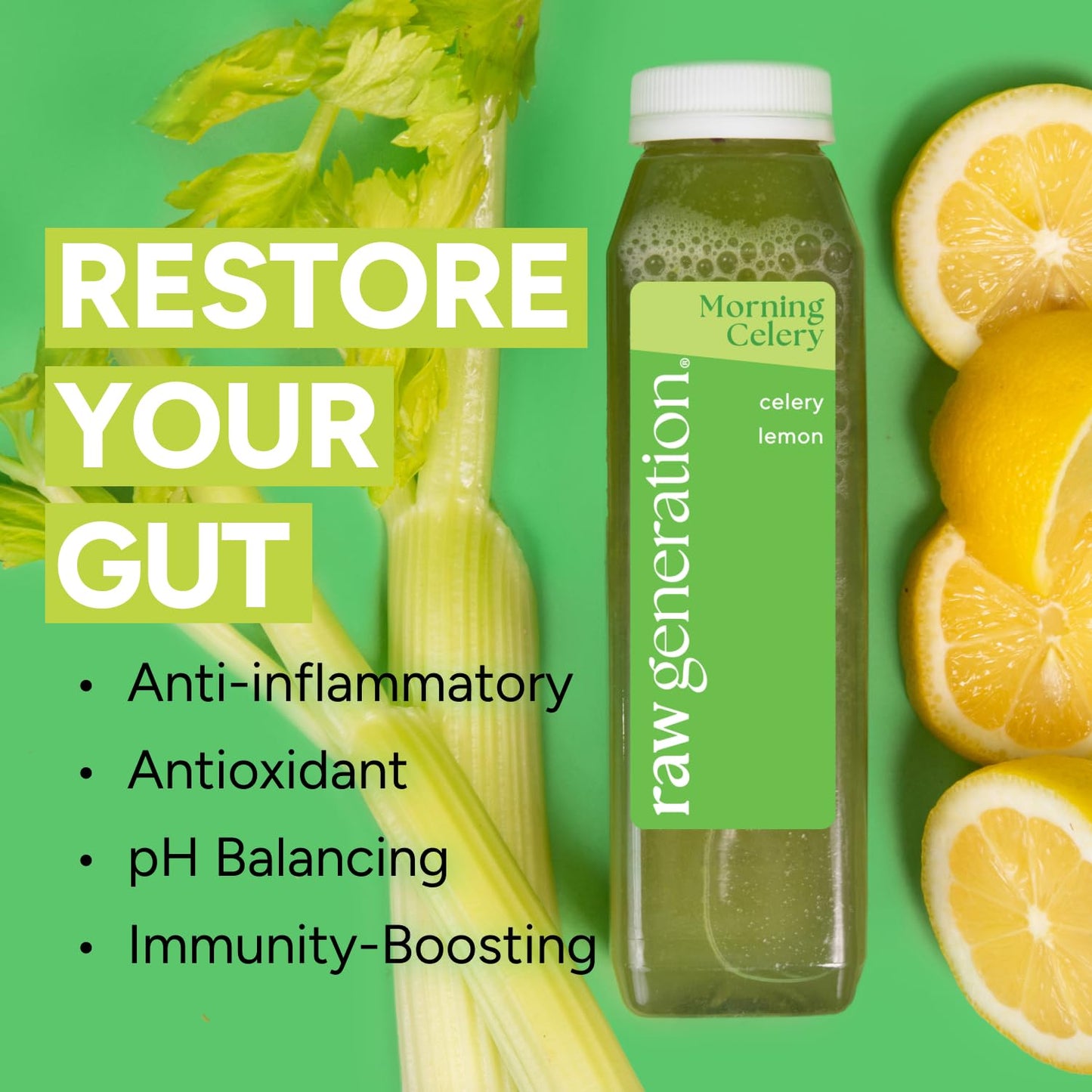 Raw Generation Cold-Pressed Celery Juice with Lemon - 12 Fl Oz (Pack of 18) - Daily Health Drink for Gut Health & Energy Boost