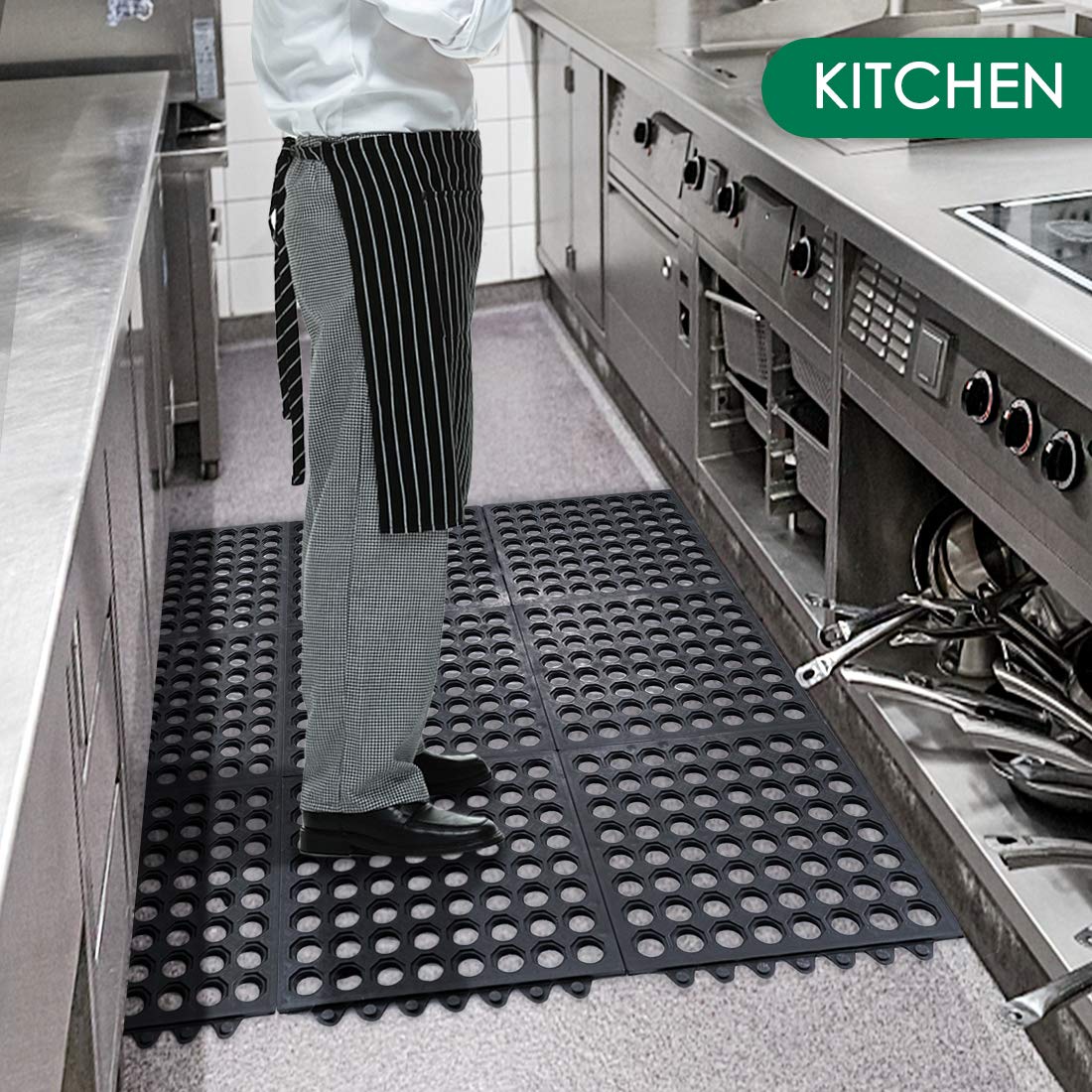 Rubber Floor Mats Anti Fatigue Kitchen Mats 9 Pack 11.8'' X 11.8'' Modular Interlocking Floor Tiles, Drain Pool Balcony Patio Ya