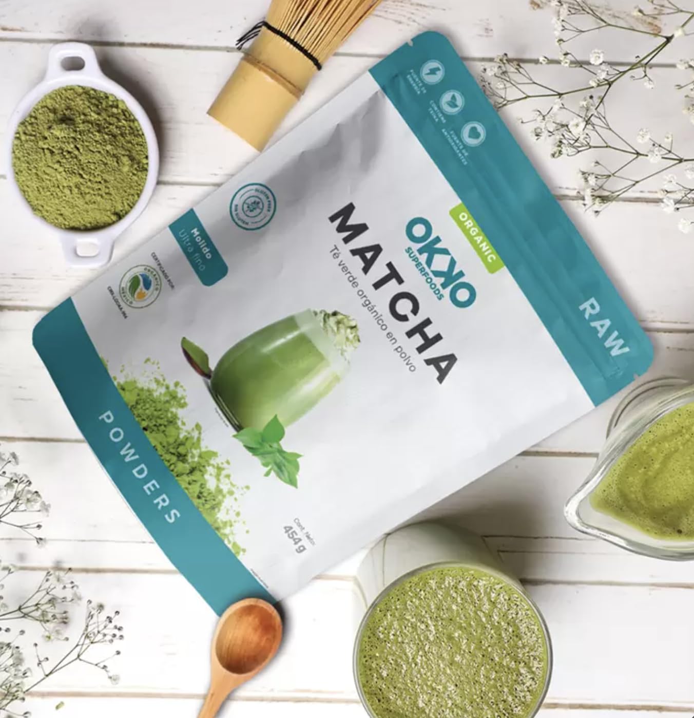 Matcha Okko Super Foods, Molido Ultra Fino, T   Verde Org  Nico En Polvo, Antioxidante, Ayuda A Reducir La Grasa Por Sus Propied
