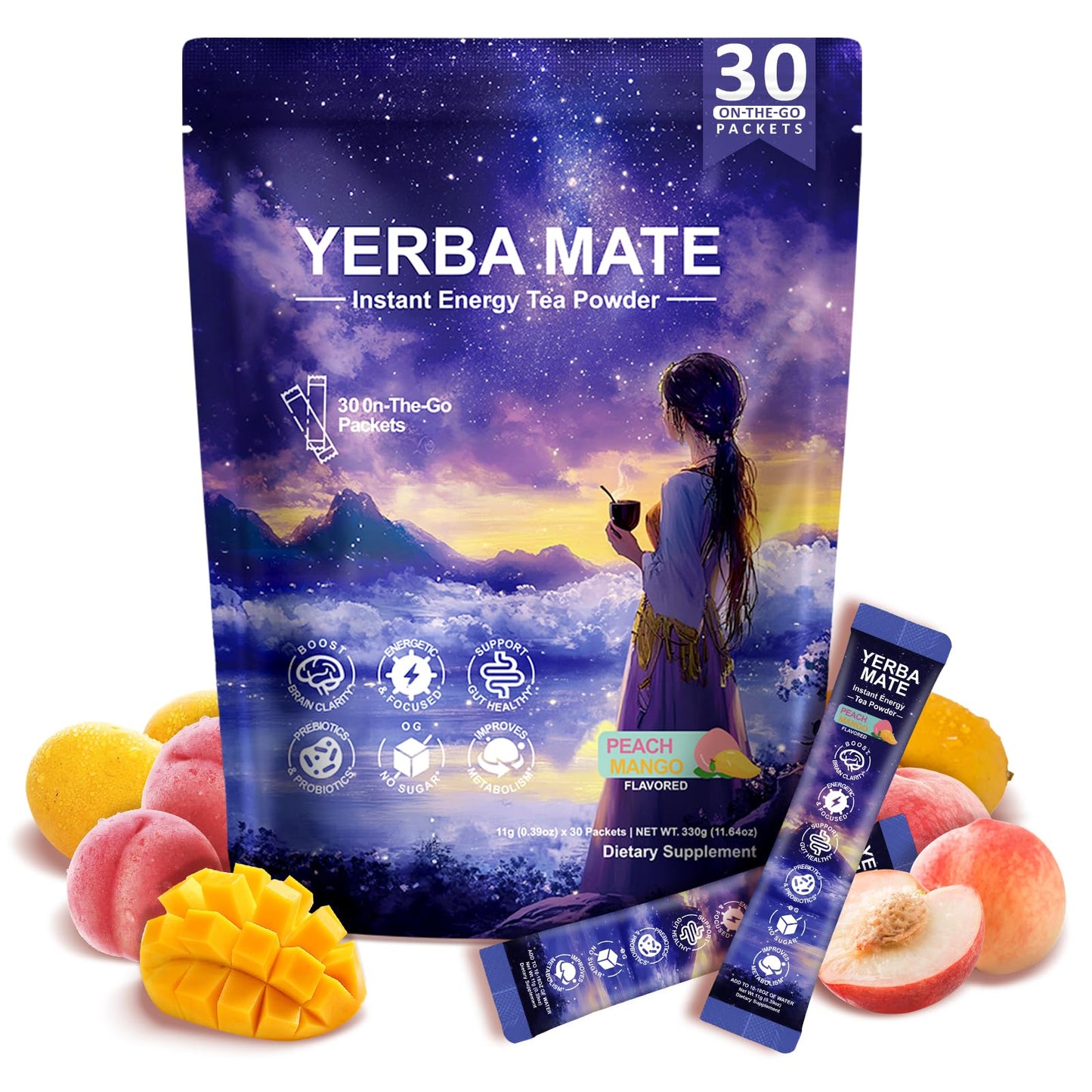 Yerba Mate Peach Mango Drink Mix - Instant Tea Powder With Natural Caffeine & Probiotics For Gut Health, Focus, Cortisol Levels, Immunity, 30 Servings Clean Energy Drink Powdered, No Crash, Sugar-Free