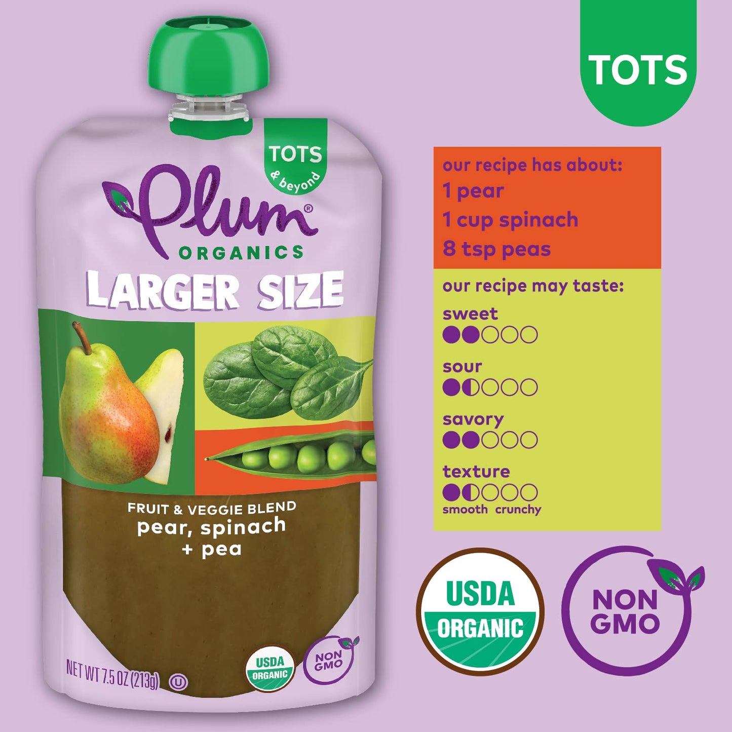 Plum Organics Tots & Beyond Pear Spinach & Pea Fruit & Veggie Blend, Kosher, Usda Certified Organic, Non-Gmo, 7.5 Ounce (Pack Of