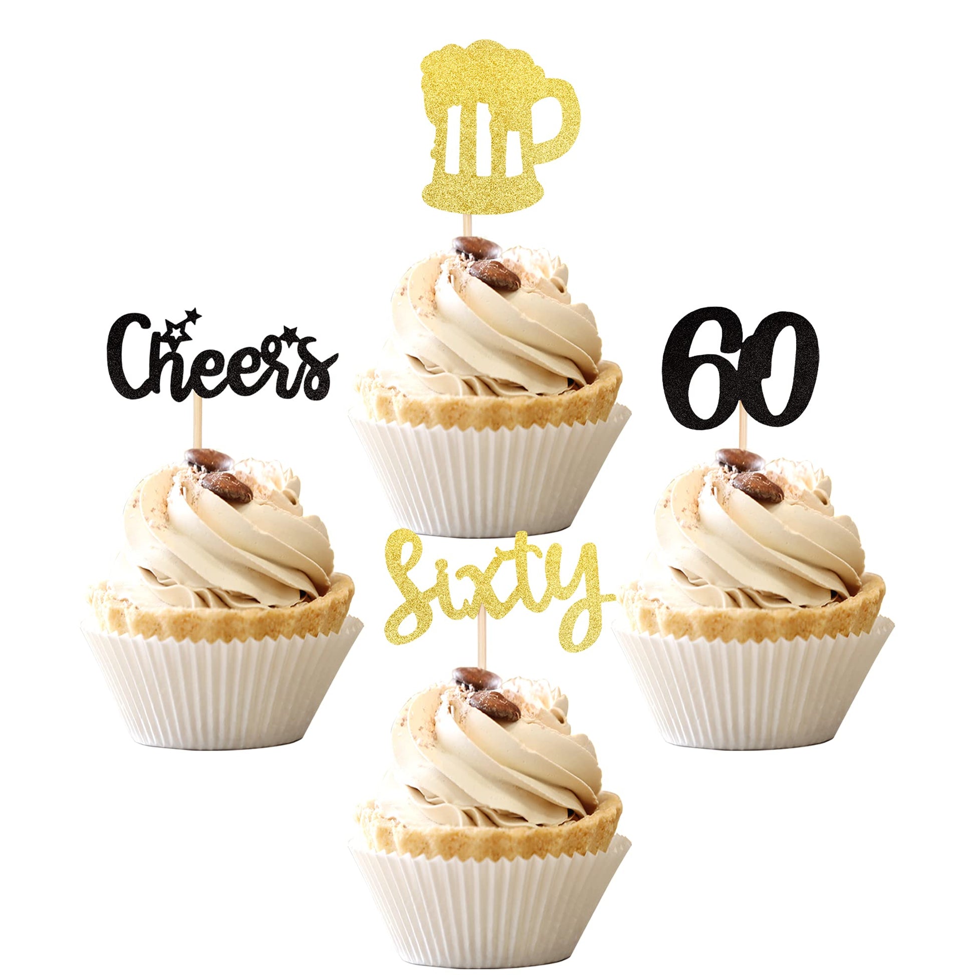 ZHUOWEISM Cupcake Toppers, 36 PCS Glitter Beer Mug Decorations, Gold and White, Paper and Bamboo, Small Size for 60th Birthday Party