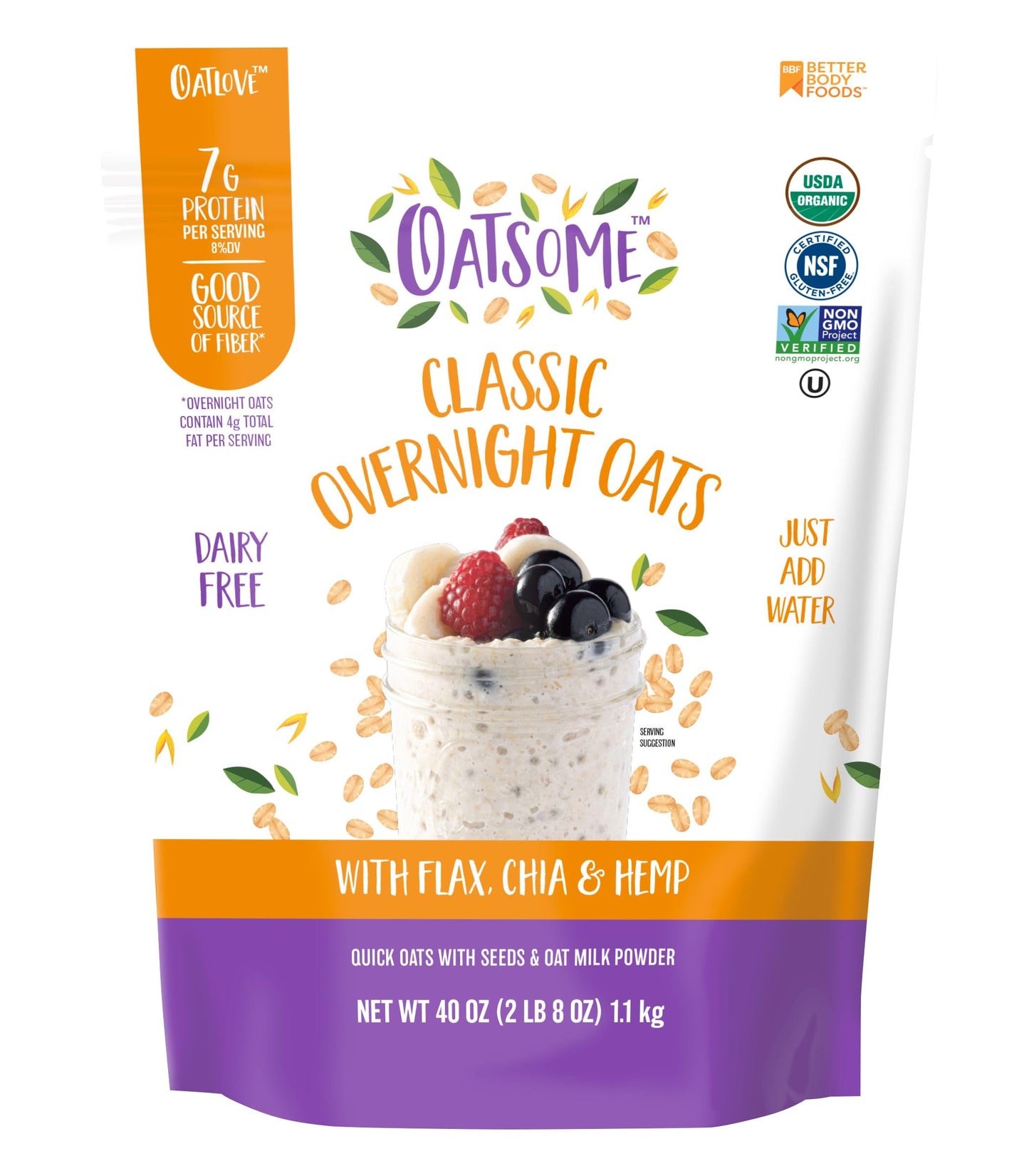 Oatsome Organic Overnight Oats with Chia, Flax, & Hemp, Gluten-Free Oatmeal with 7g of Protein, 2.5 lb Bag
