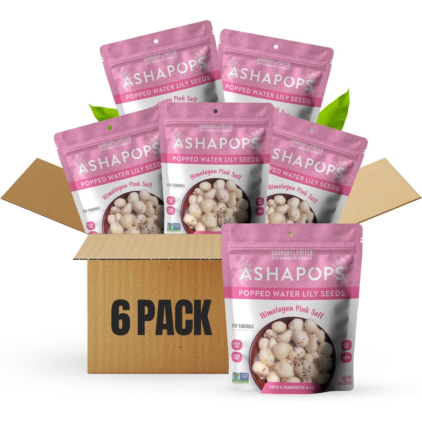 AshaPops Himalayan Pink Salt Flavored Popped Water Lily Seeds, 1 oz (Pack of 6) - Gluten-Free, Vegan, Paleo, Nut-Free, Corn-Free