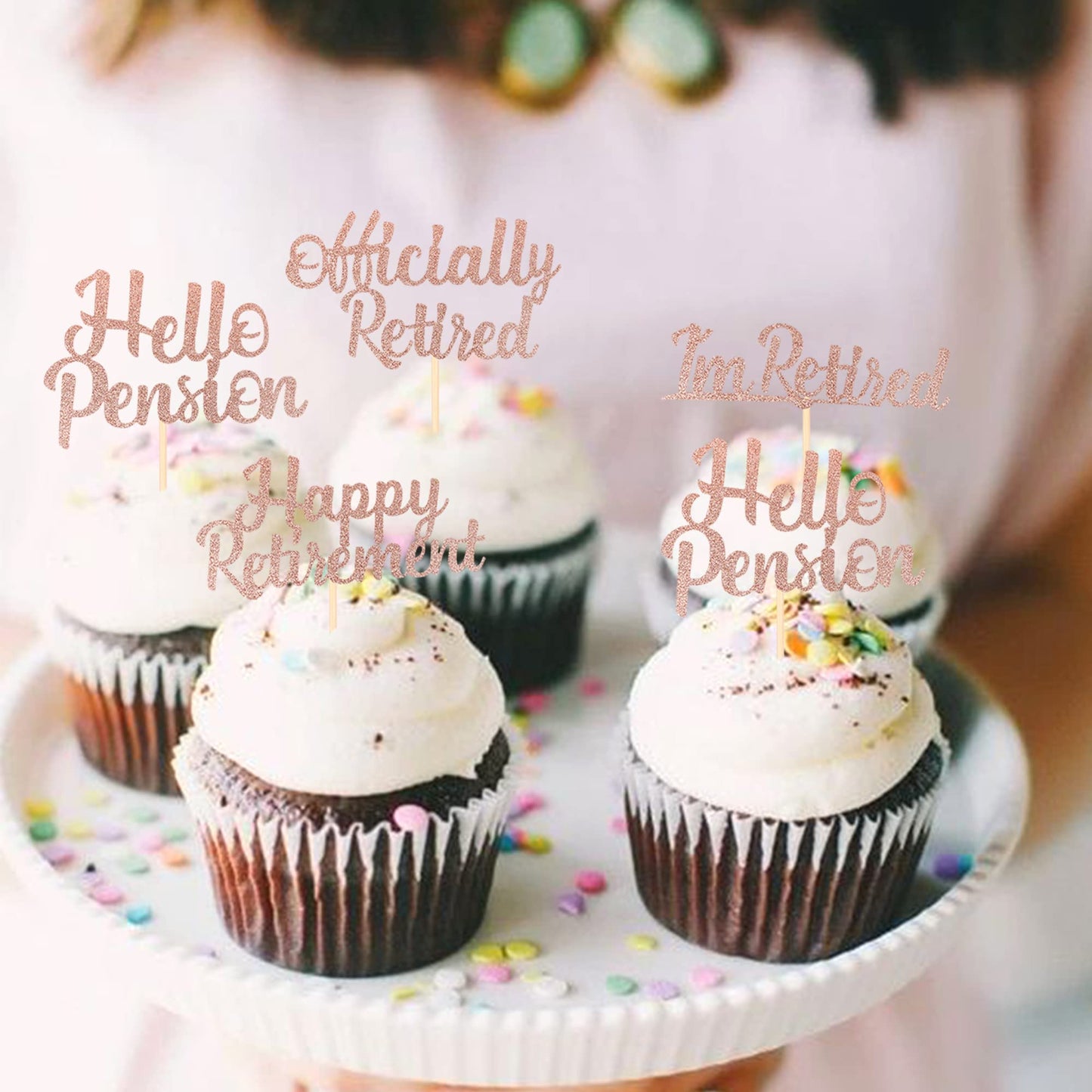Rssta i Cupcake Toppers, 24 Pack, Glitter Retirement Theme, Rose Gold, Model XM014-Rose Gold