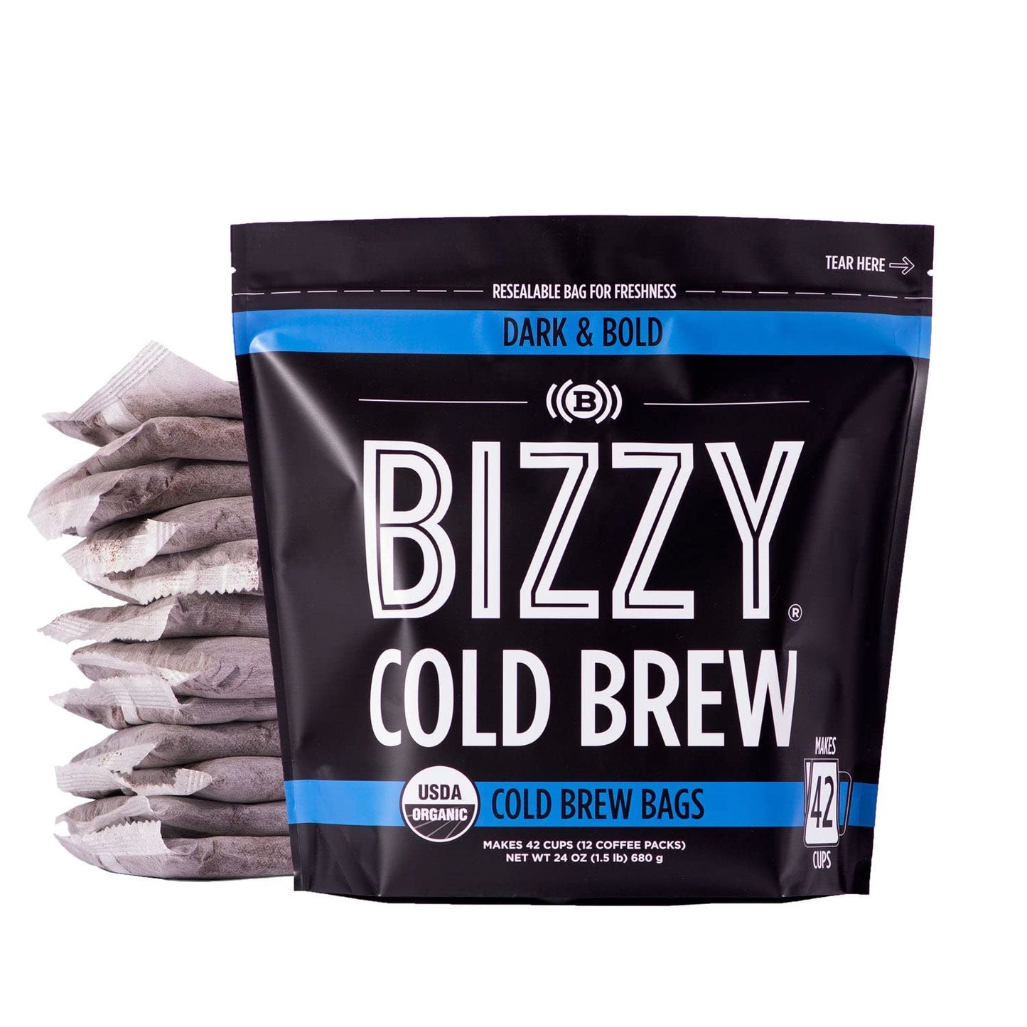 Bizzy Organic Cold Brew Coffee | Dark & Bold Blend | Coarse Ground Coffee | Dark Roast | Micro Sifted | Specialty Grade | 100% Arabica | Brew Bags | 12 Count | Makes 42 Cups
